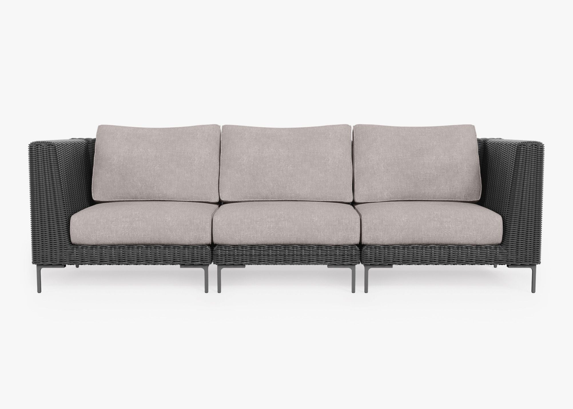 Black Wicker Outdoor Sofa - 3 Seat, front. Comfortable, durable, and weather resistant outdoor seating with memory foam. #color_sandstone gray