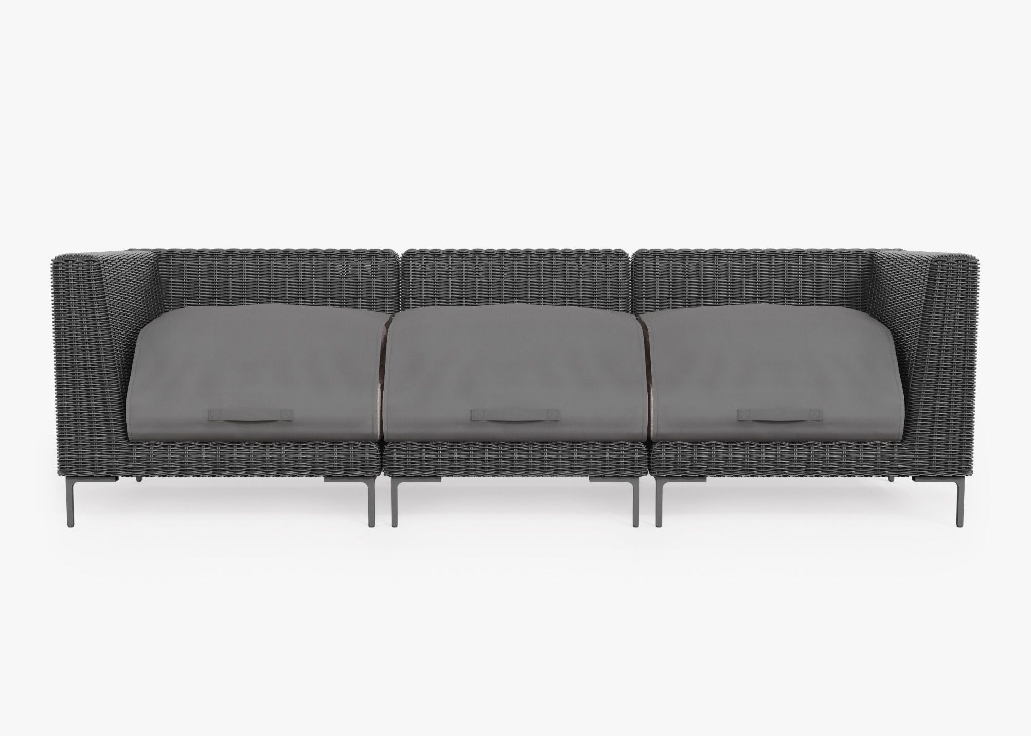 Black Wicker Outdoor Sofa - 3 Seat shown with the OuterShell outdoor cushion cover, offering exclusive integrated protection. #color_sandstone gray