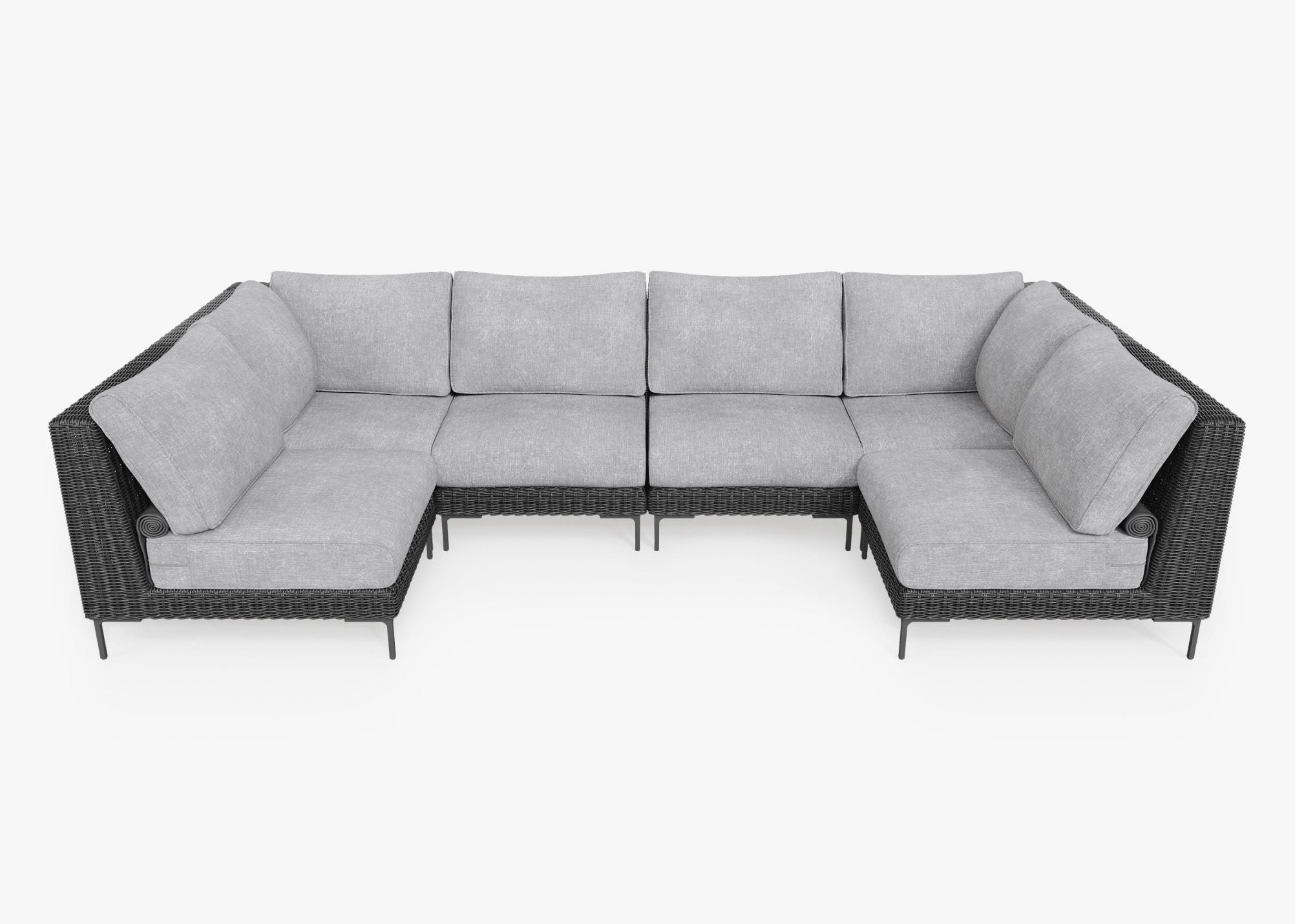 Black Wicker Outdoor U Sectional - 6 Seat, front. Comfortable, durable, and weather resistant outdoor seating with memory foam. #color_pacific fog gray