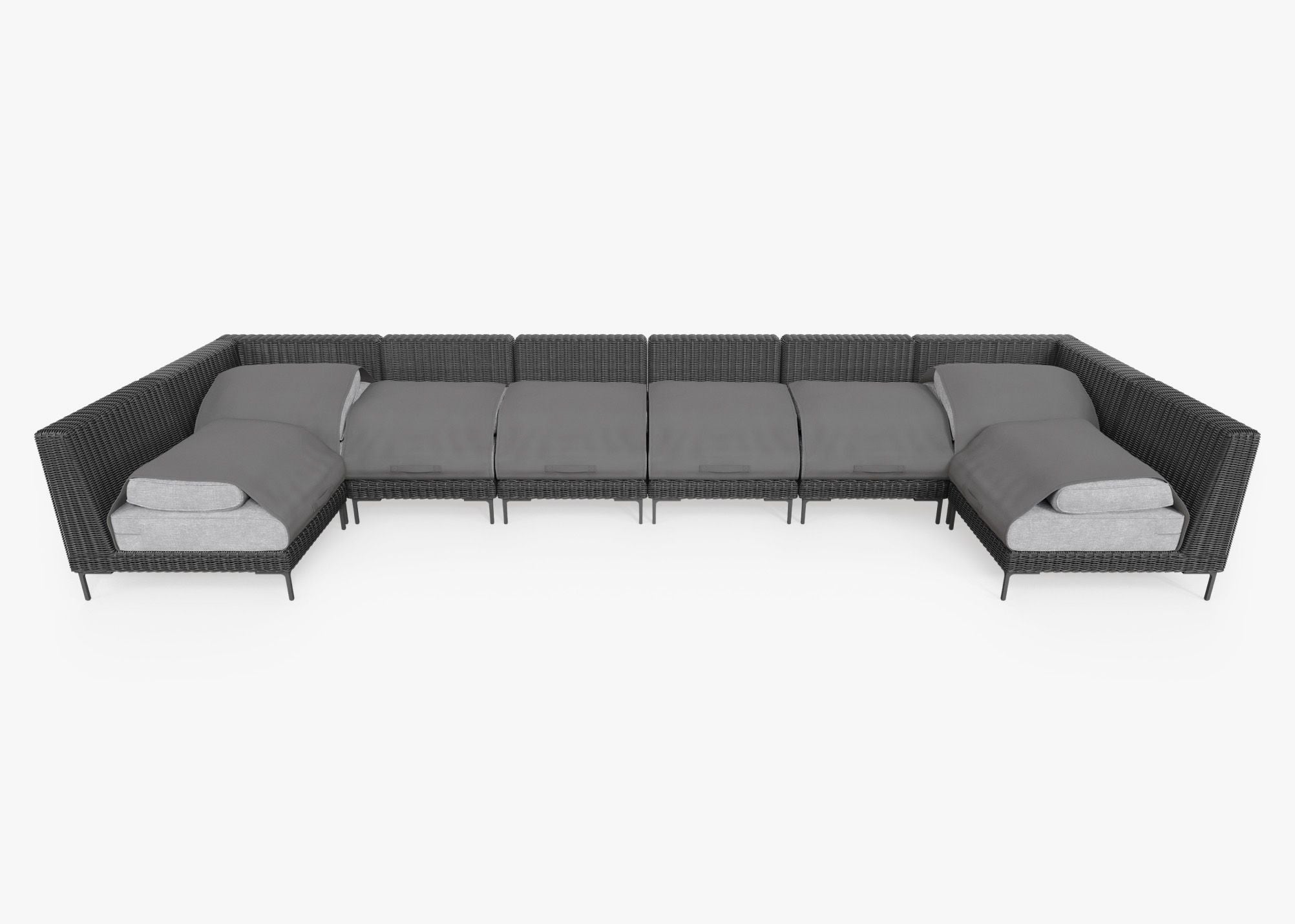 Black Wicker Outdoor U Sectional - 8 Seat shown with the OuterShell outdoor cushion cover, offering exclusive integrated protection. #color_pacific fog gray