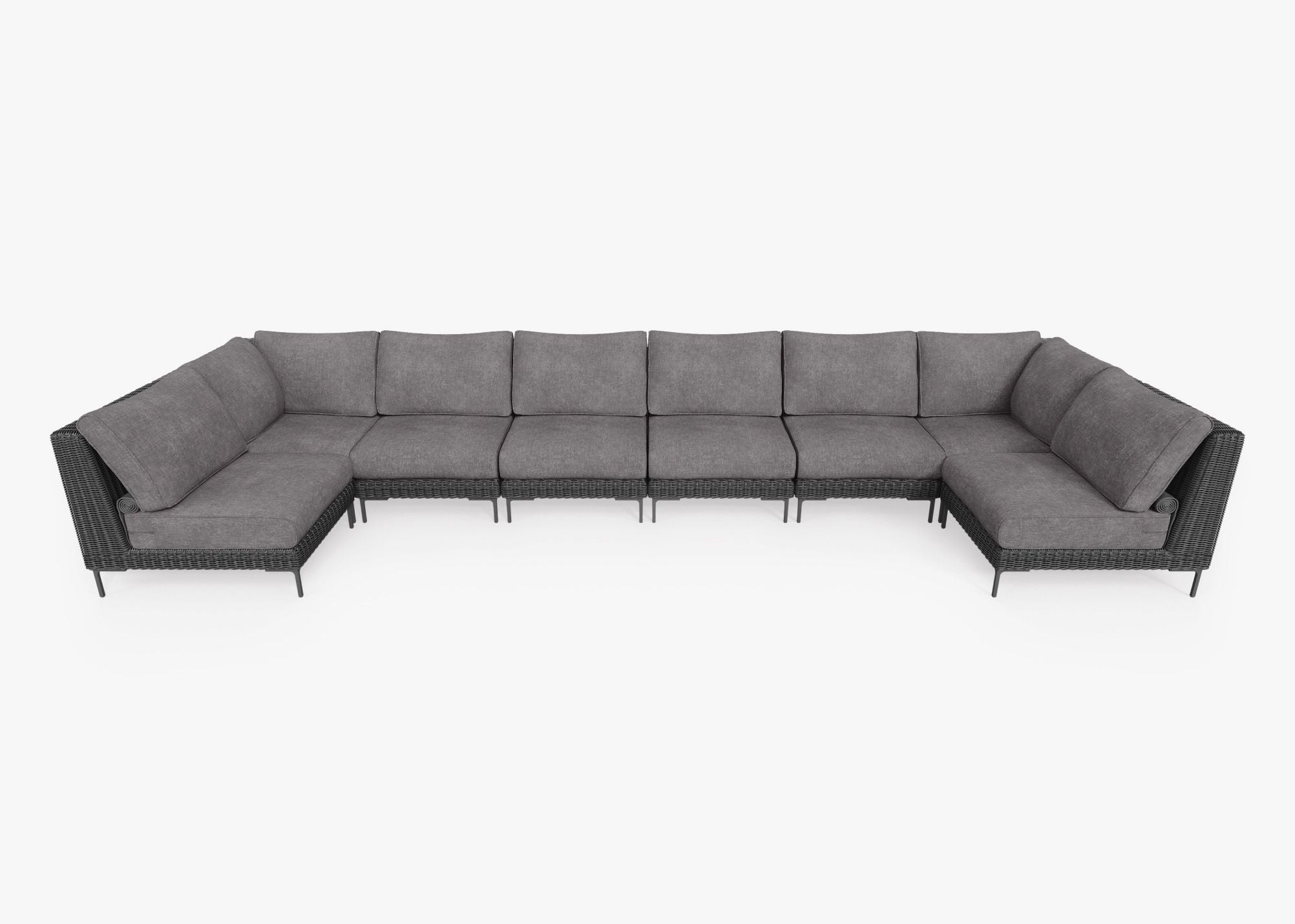 Black Wicker Outdoor U Sectional - 8 Seat, front. Comfortable, durable, and weather resistant outdoor seating with memory foam. #color_dark pebble gray