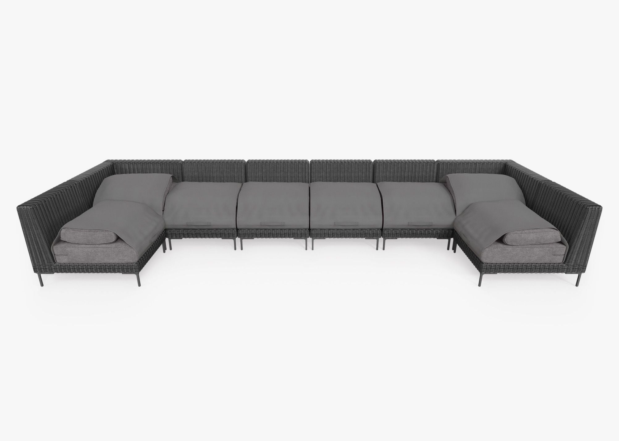 Black Wicker Outdoor U Sectional - 8 Seat shown with the OuterShell outdoor cushion cover, offering exclusive integrated protection. #color_dark pebble gray