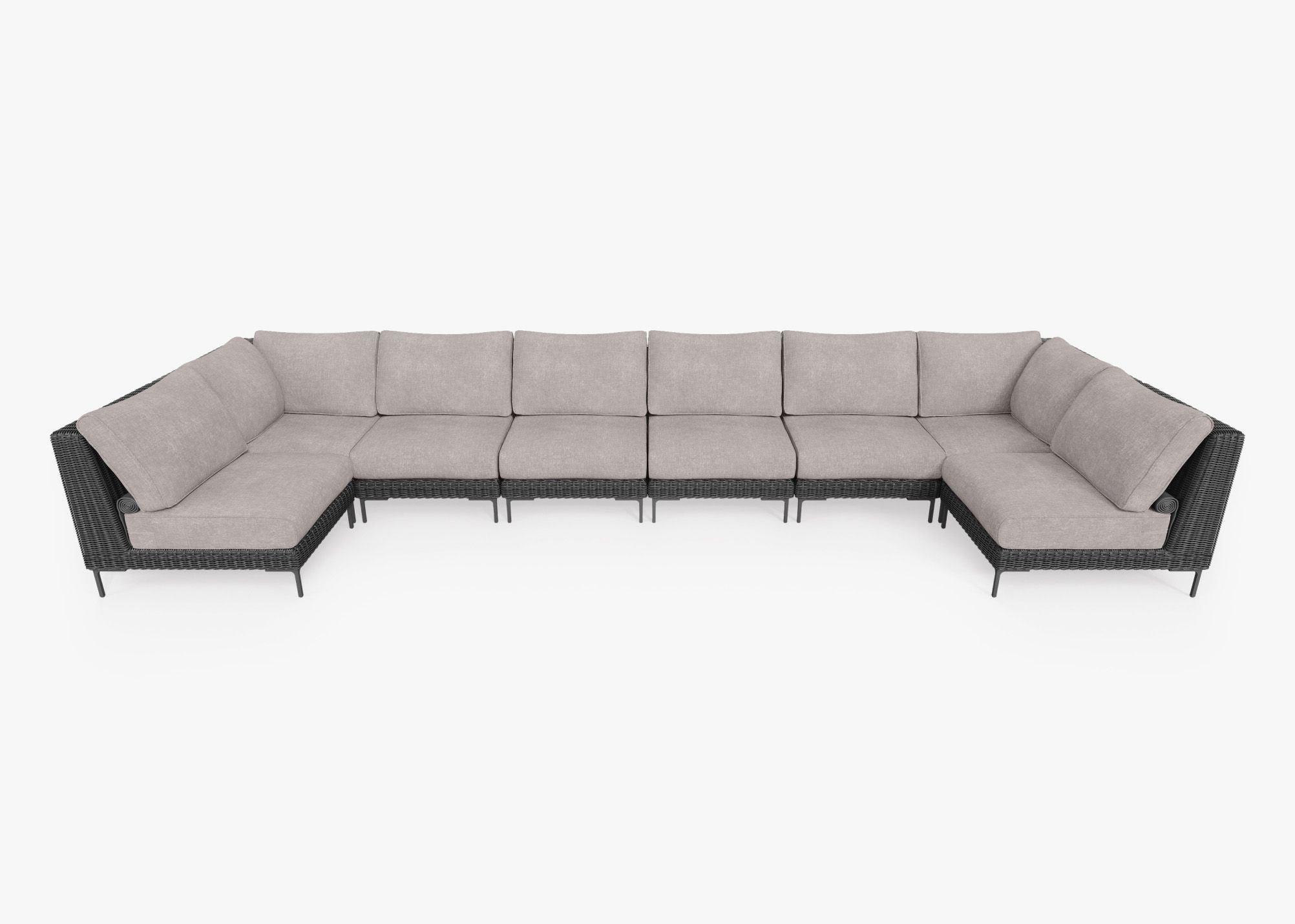 Black Wicker Outdoor U Sectional - 8 Seat, front. Comfortable, durable, and weather resistant outdoor seating with memory foam. #color_sandstone gray