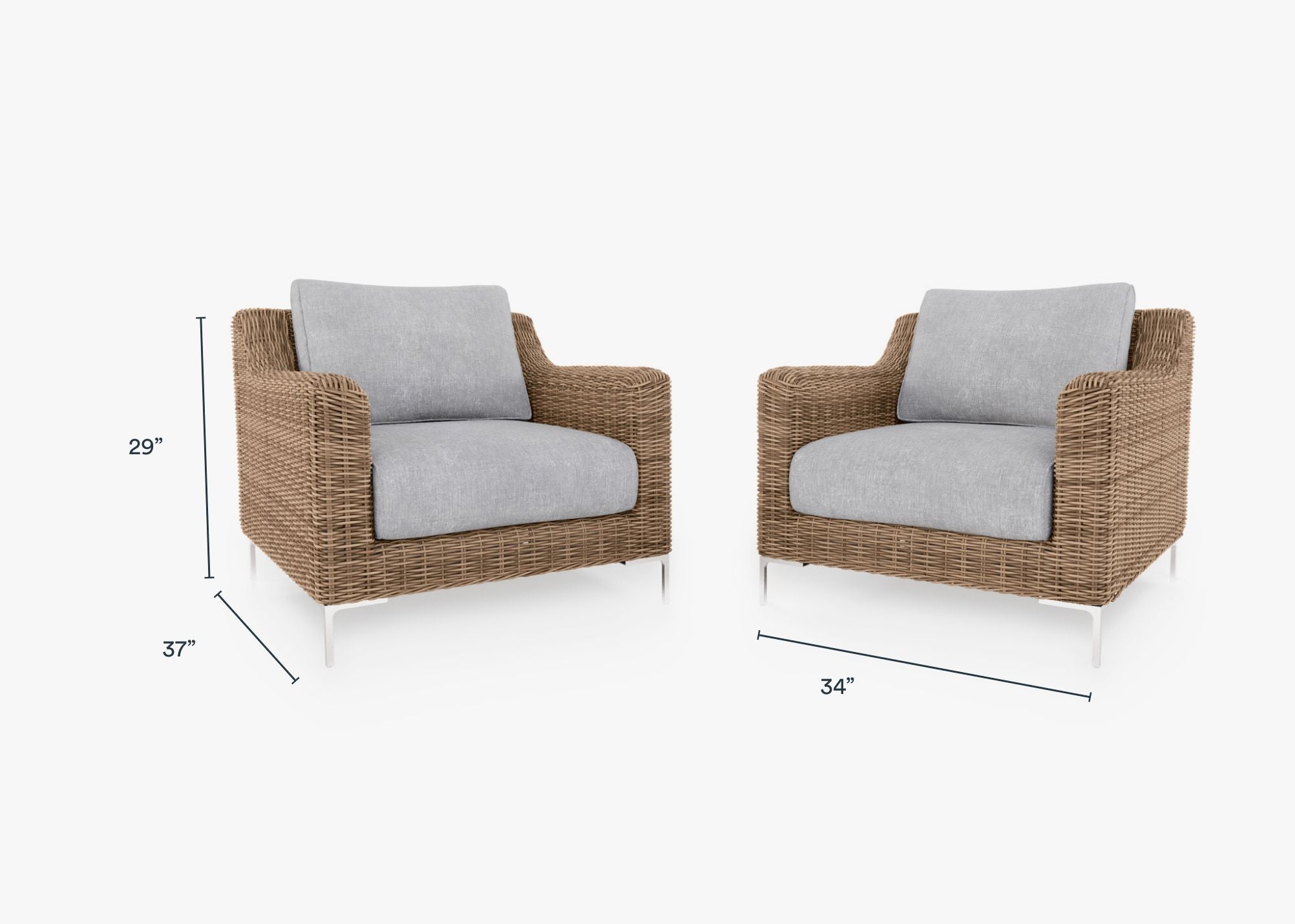 Brown Wicker Outdoor Armchair Conversation Set dimensions in inches, also listed under Dimensions and Weights. #color_pacific fog gray