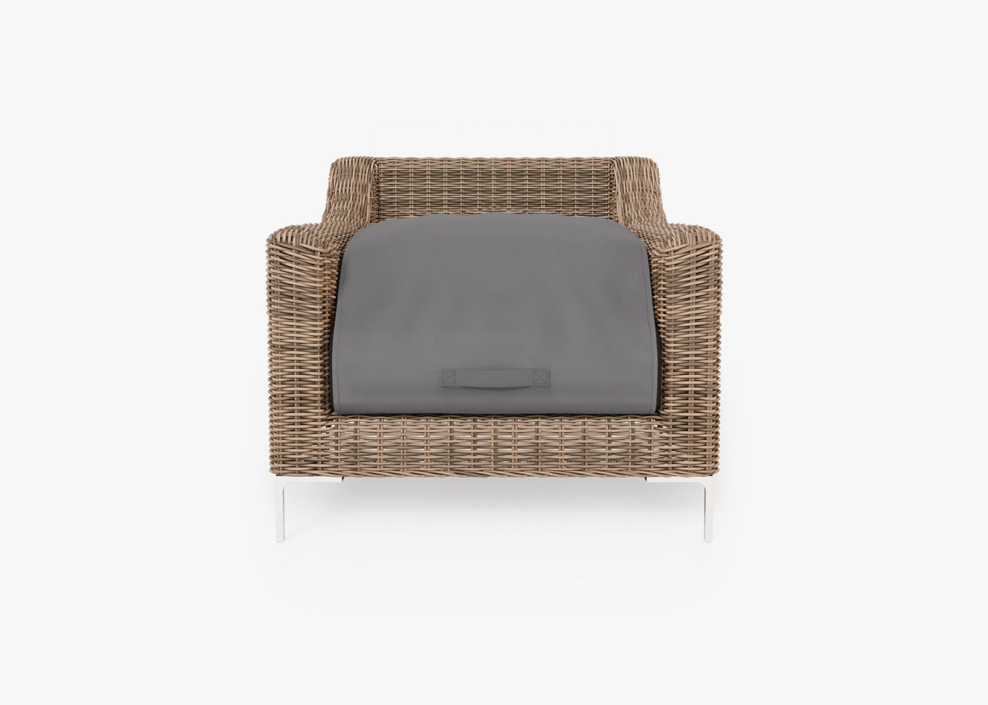 Brown Wicker Outdoor Armchair shown with the OuterShell outdoor cushion cover, offering exclusive integrated protection. #color_sandstone gray