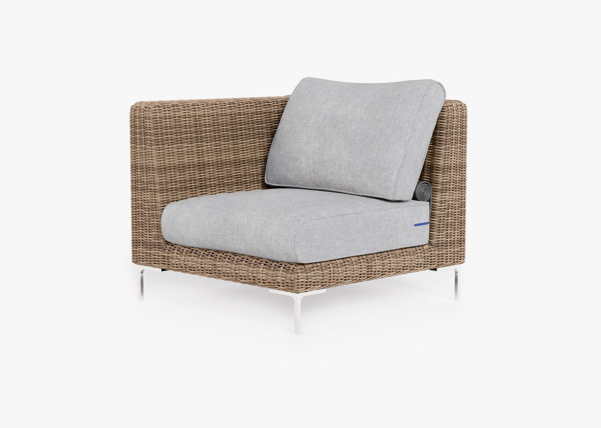 Brown Wicker Outdoor Corner Chair - Left/Right, front. Comfortable, durable, and weather resistant outdoor seating with memory foam. #color_pacific fog gray