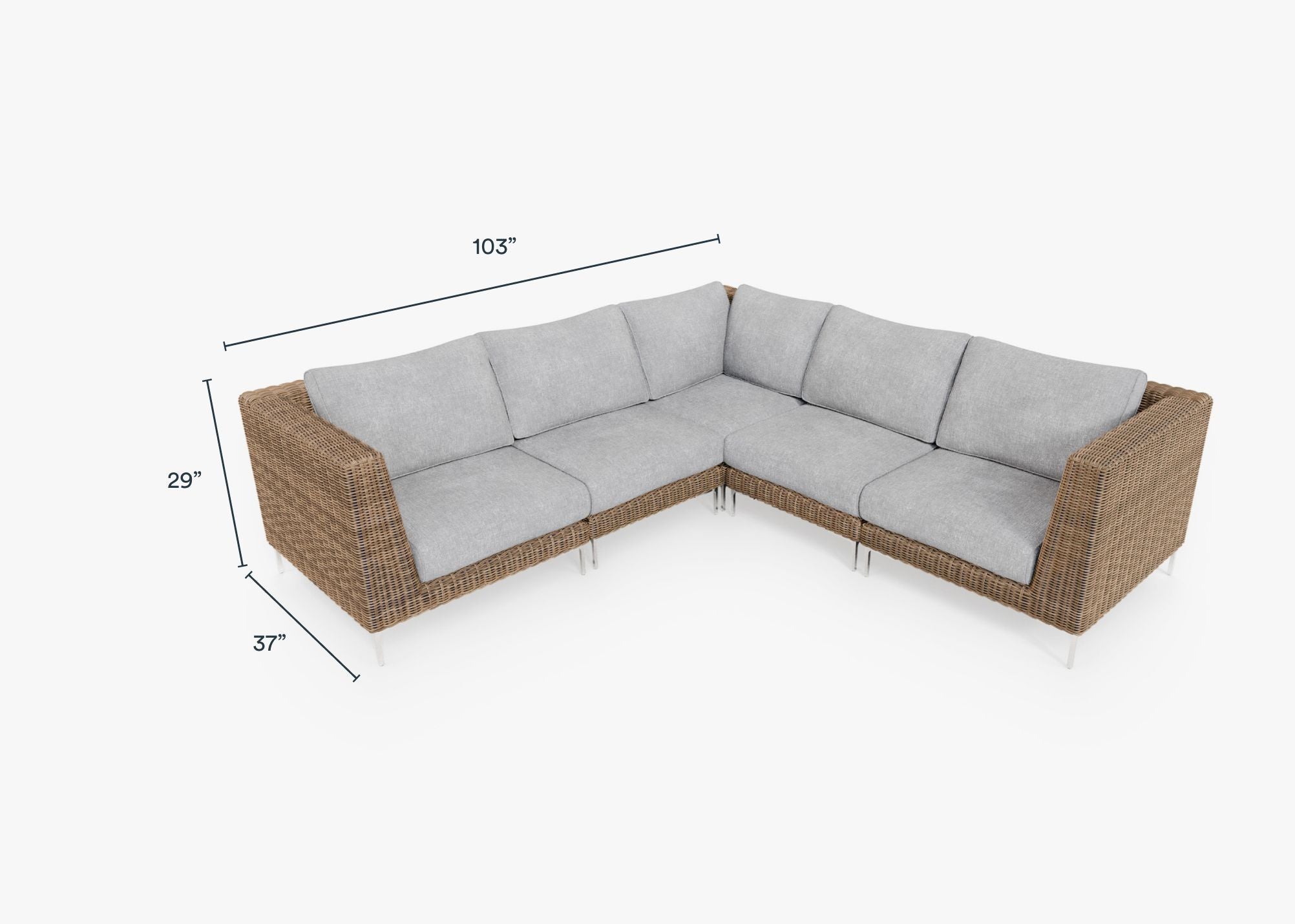 Brown Wicker Outdoor Corner Sectional - 5 Seat dimensions in inches, also listed under Dimensions and Weights. #color_pacific fog gray
