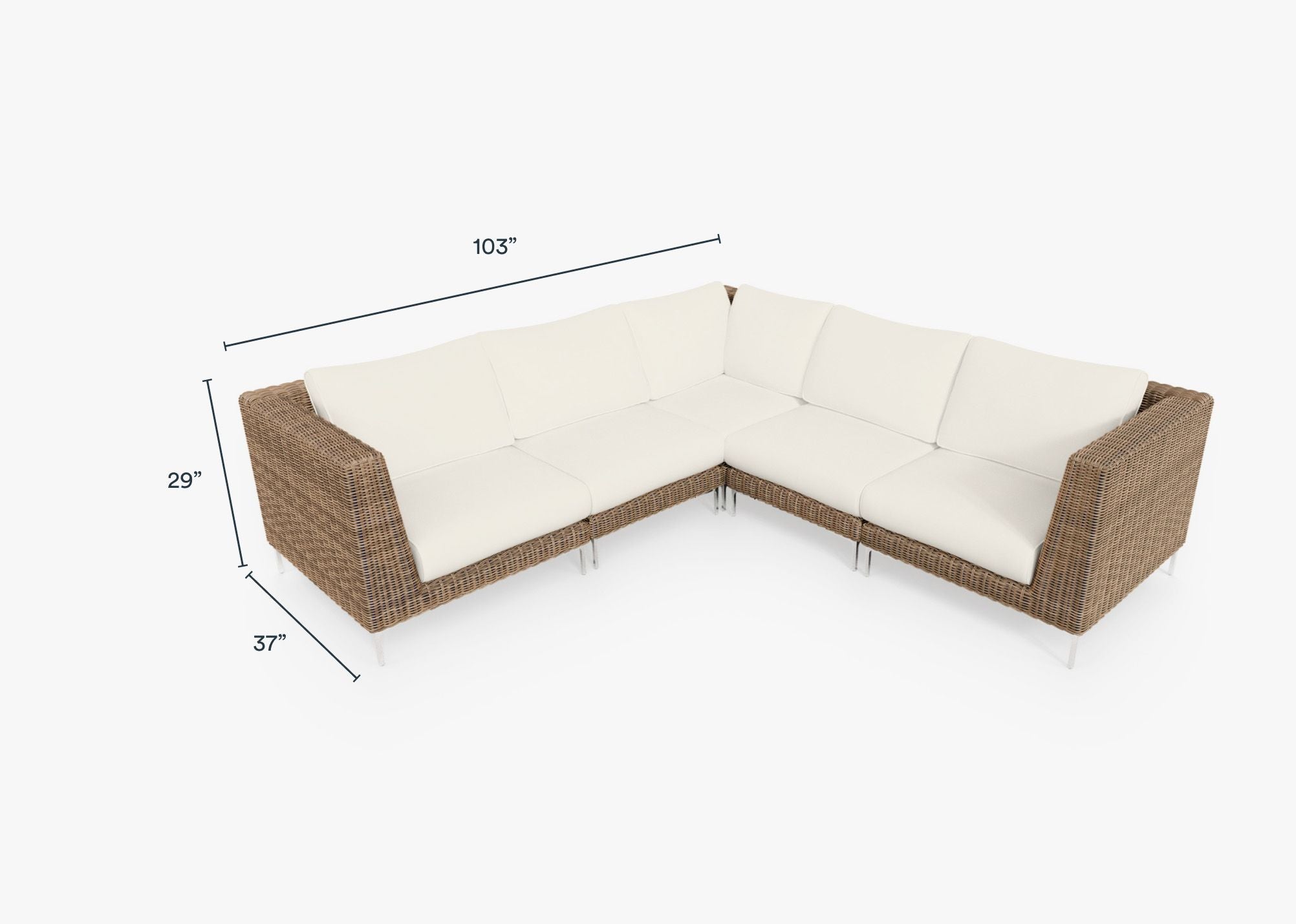 Brown Wicker Outdoor Corner Sectional - 5 Seat dimensions in inches, also listed under Dimensions and Weights. #color_palisades cream