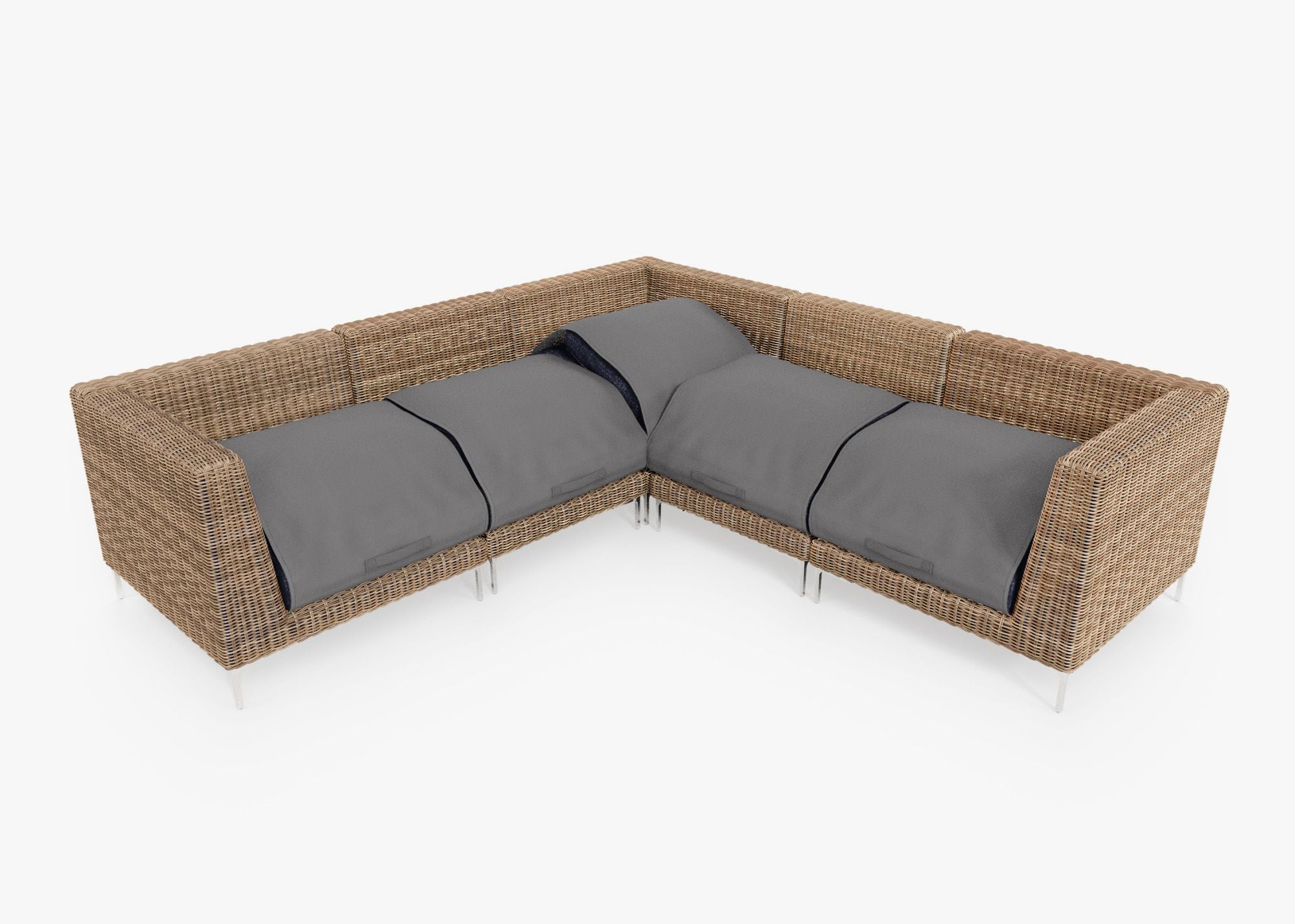 Brown Wicker Outdoor Corner Sectional - 5 Seat shown with the OuterShell outdoor cushion cover, offering exclusive integrated protection. #color_deep sea navy