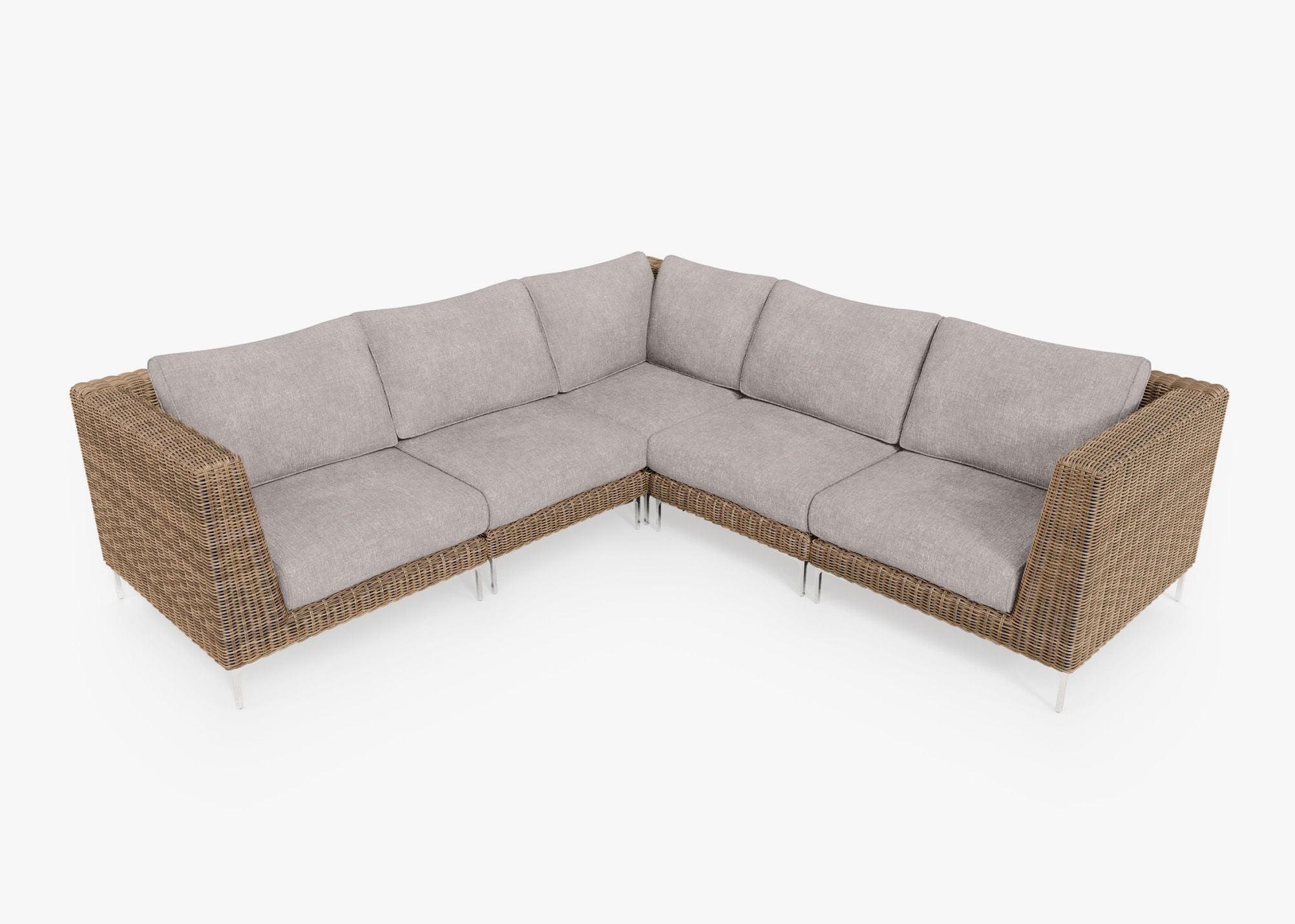 Brown Wicker Outdoor Corner Sectional - 5 Seat, front. Comfortable, durable, and weather resistant outdoor seating with memory foam. #color_sandstone gray