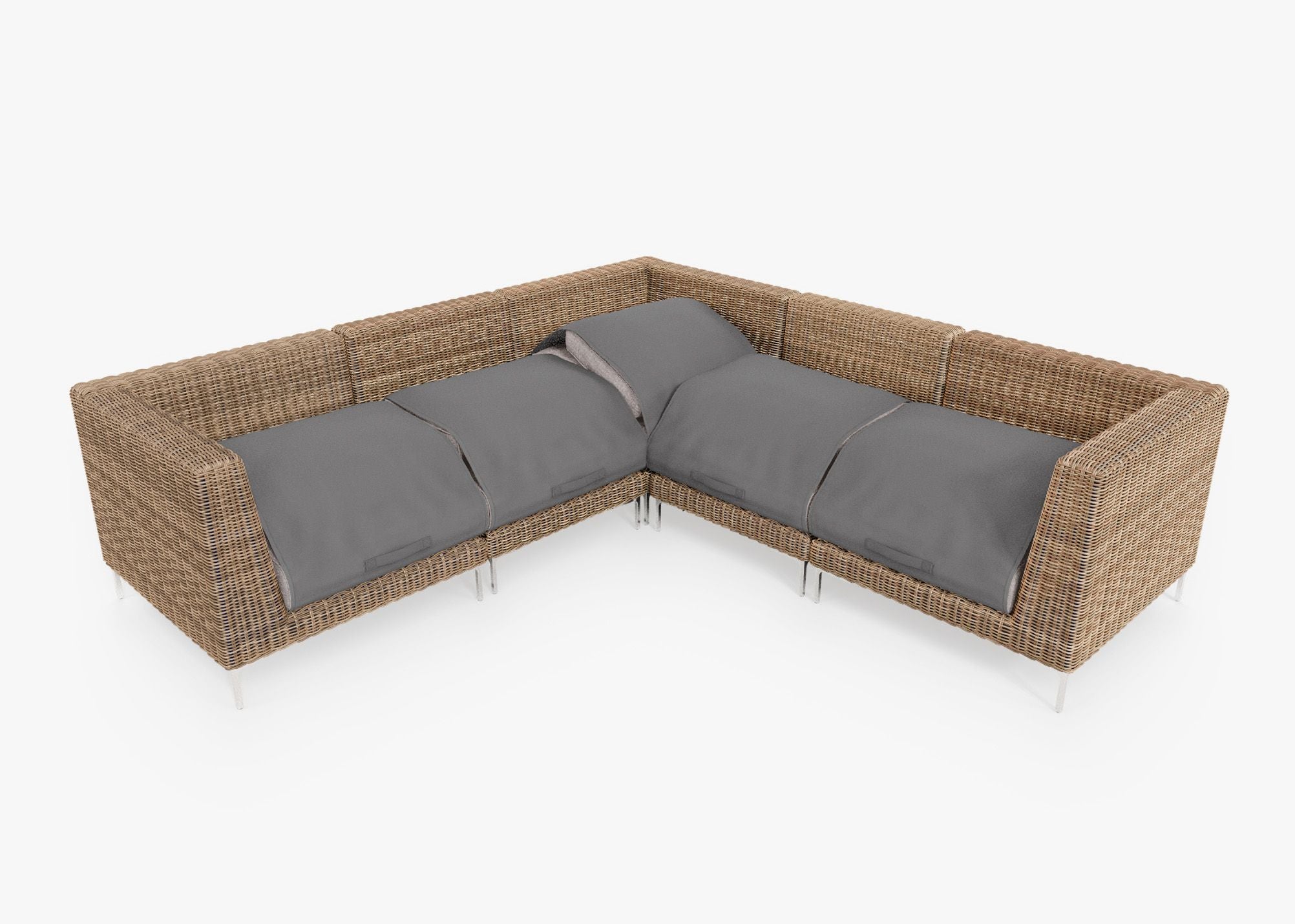 Brown Wicker Outdoor Corner Sectional - 5 Seat shown with the OuterShell outdoor cushion cover, offering exclusive integrated protection. #color_sandstone gray