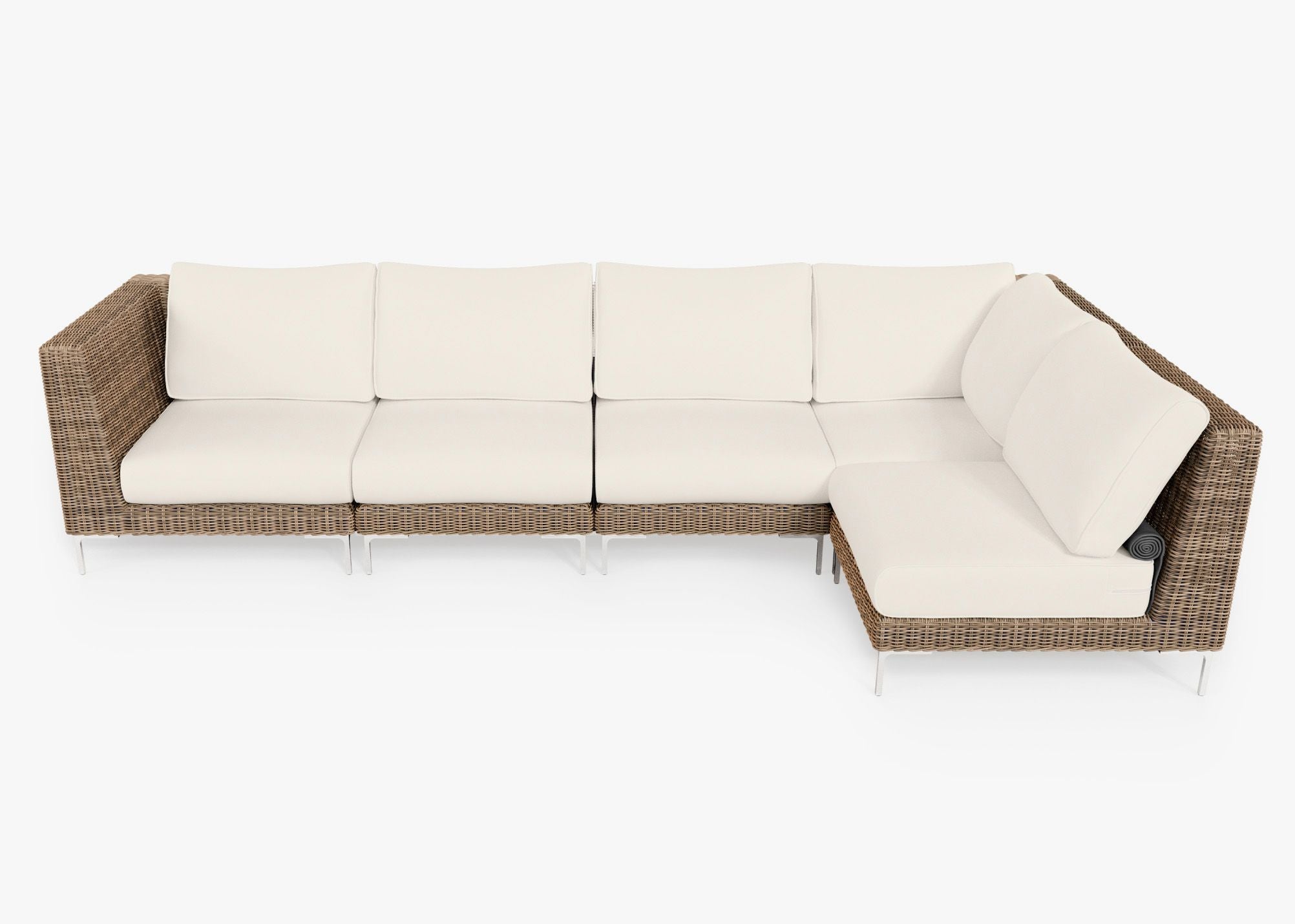 Brown Wicker Outdoor L Sectional - 5 Seat, front. Comfortable, durable, and weather resistant outdoor seating with memory foam. #color_palisades cream