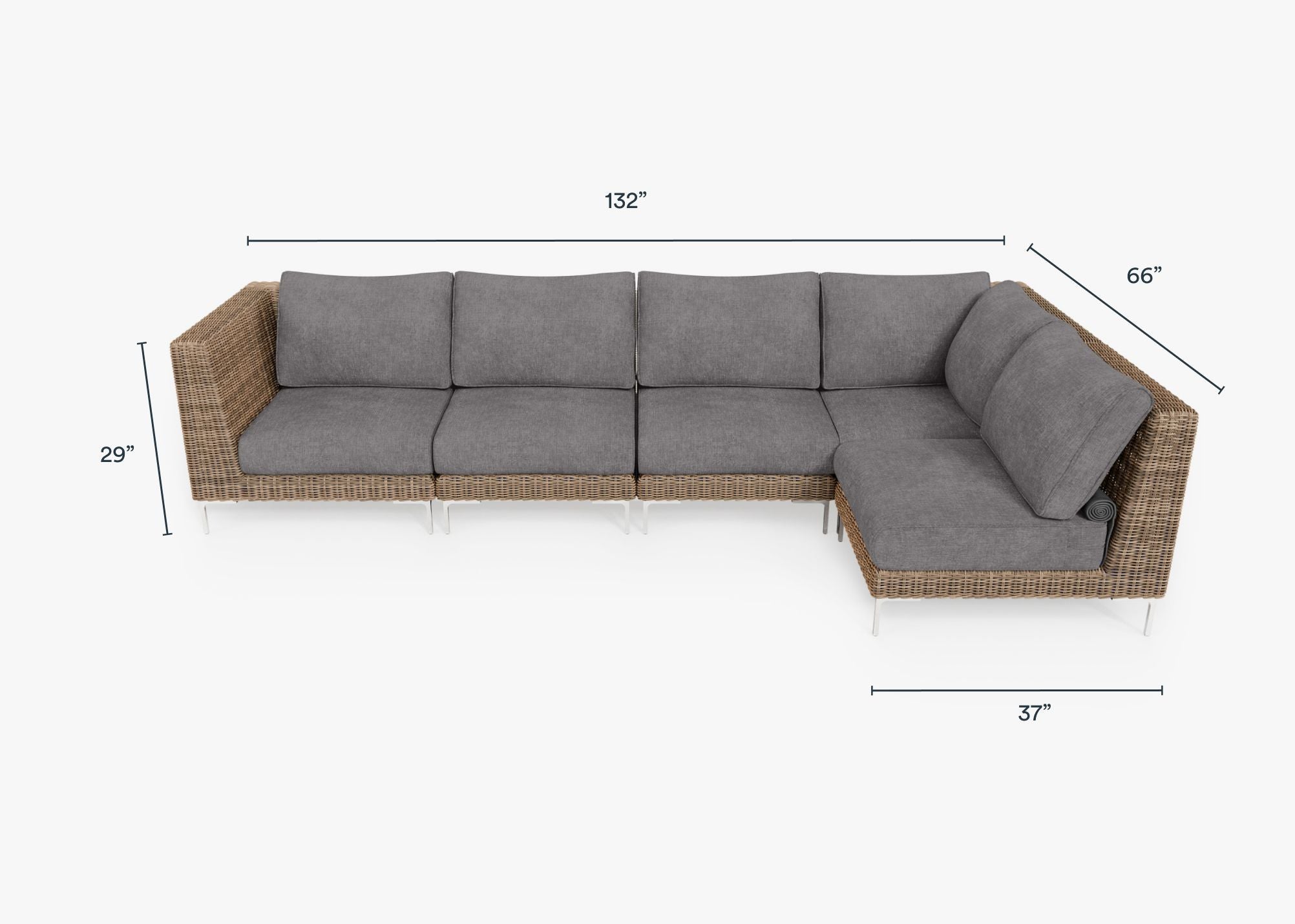 Brown Wicker Outdoor L Sectional - 5 Seat dimensions in inches, also listed under Dimensions and Weights. #color_dark pebble gray