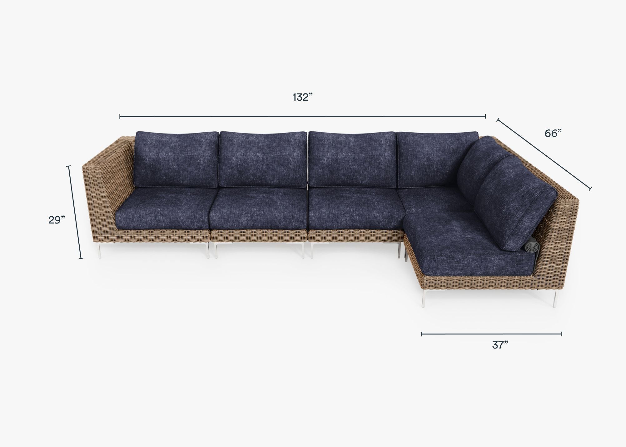 Brown Wicker Outdoor L Sectional - 5 Seat dimensions in inches, also listed under Dimensions and Weights. #color_deep sea navy