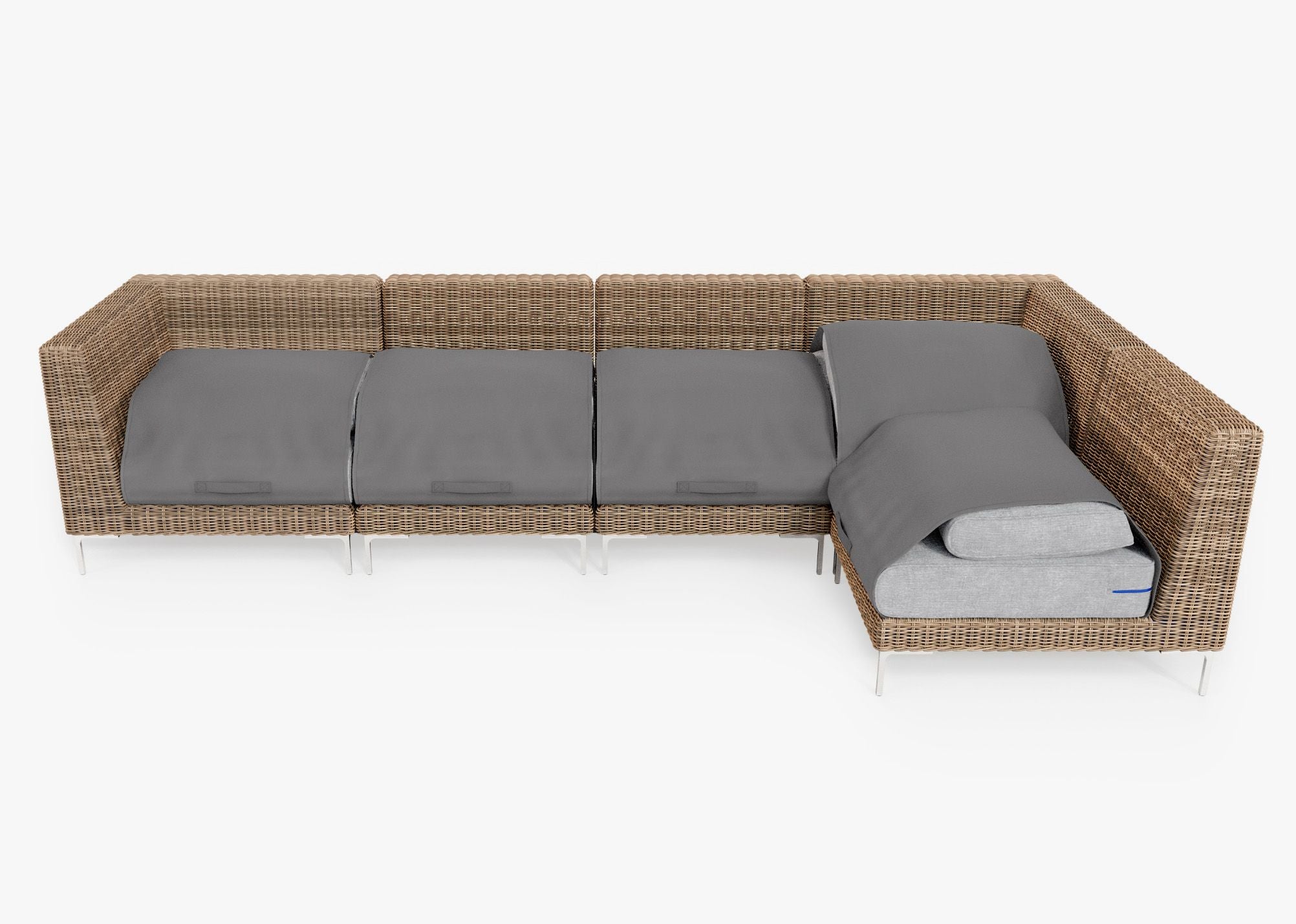 Brown Wicker Outdoor L Sectional - 5 Seat shown with the OuterShell outdoor cushion cover, offering exclusive integrated protection. #color_pacific fog gray