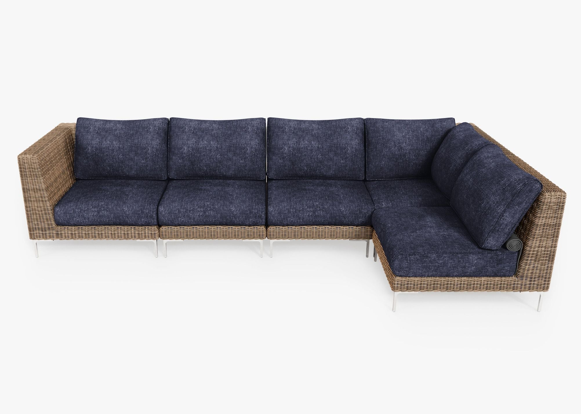 Brown Wicker Outdoor L Sectional - 5 Seat, front. Comfortable, durable, and weather resistant outdoor seating with memory foam. #color_deep sea navy