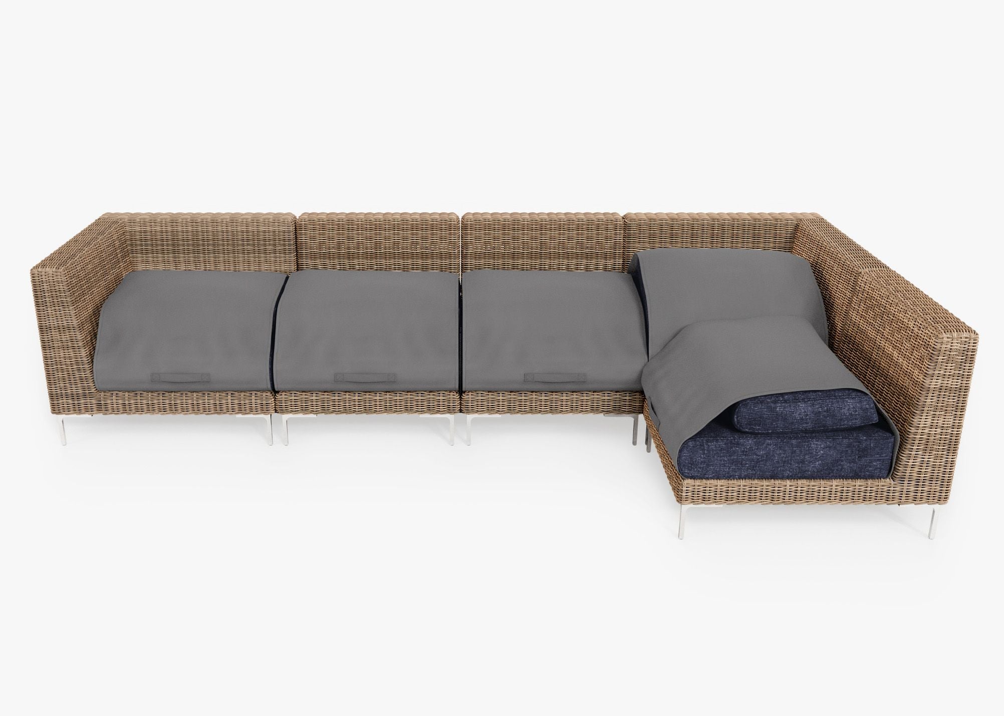 Brown Wicker Outdoor L Sectional - 5 Seat shown with the OuterShell outdoor cushion cover, offering exclusive integrated protection. #color_deep sea navy