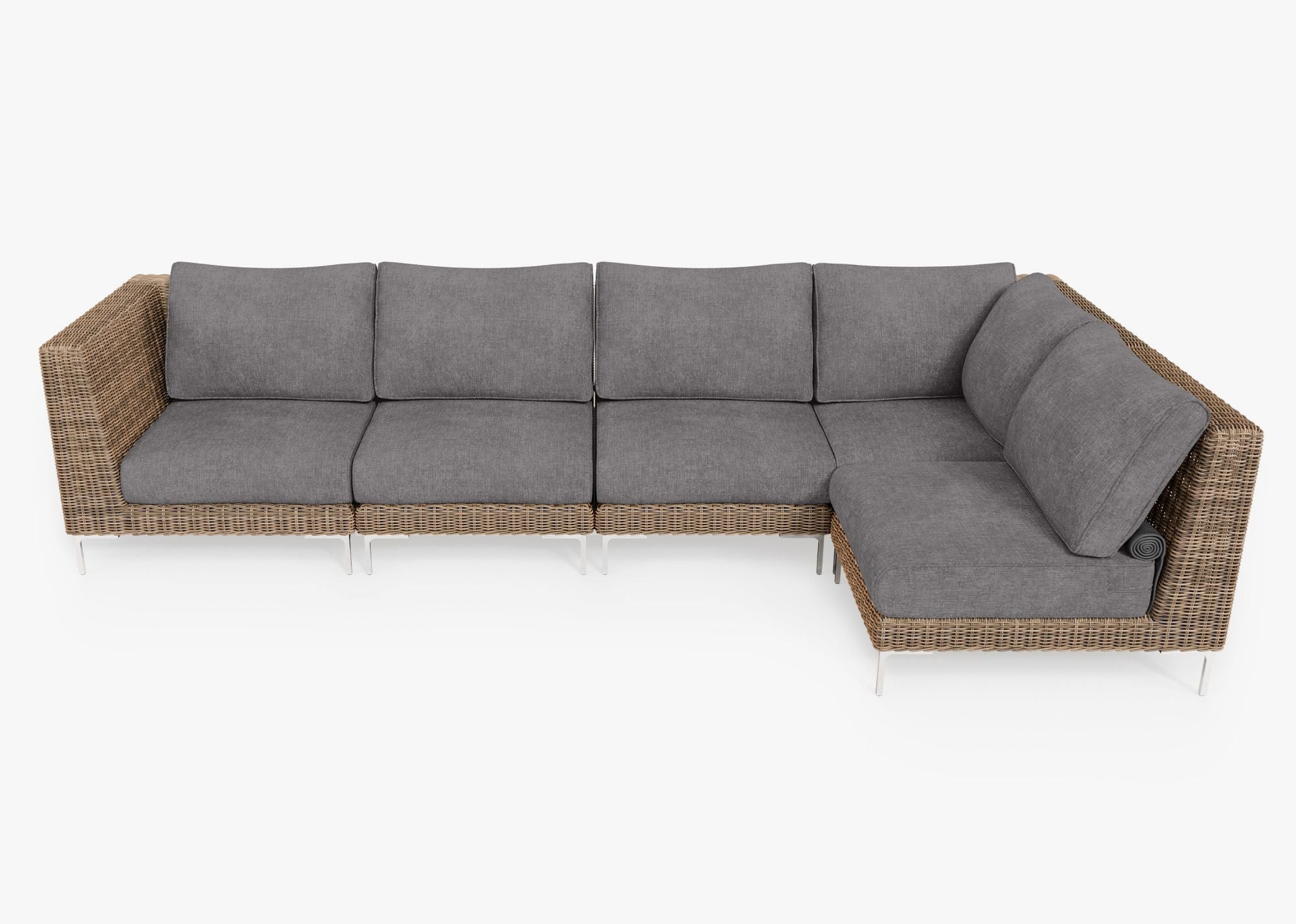 Brown Wicker Outdoor L Sectional - 5 Seat, front. Comfortable, durable, and weather resistant outdoor seating with memory foam. #color_dark pebble gray