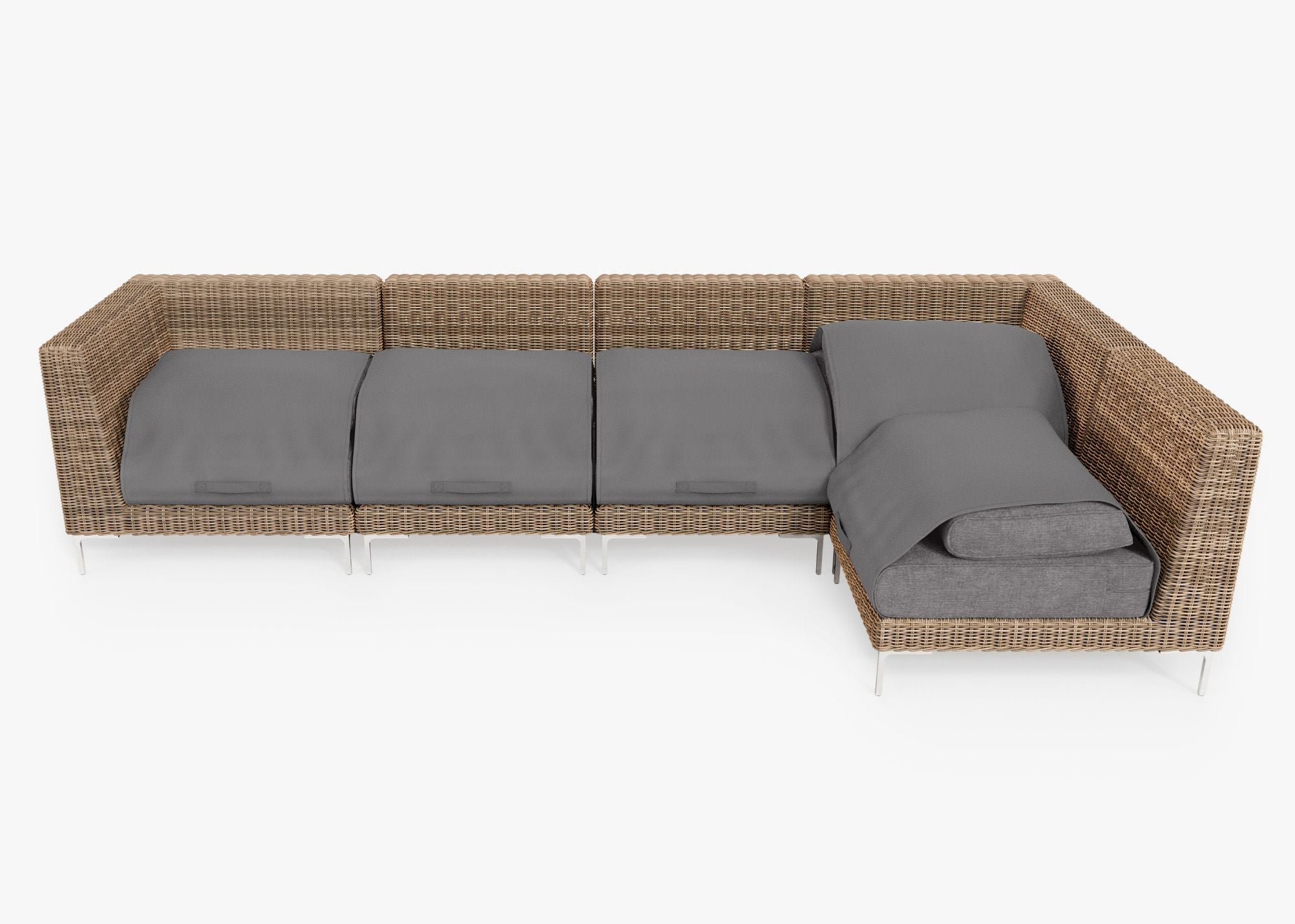 Brown Wicker Outdoor L Sectional - 5 Seat shown with the OuterShell outdoor cushion cover, offering exclusive integrated protection. #color_dark pebble gray