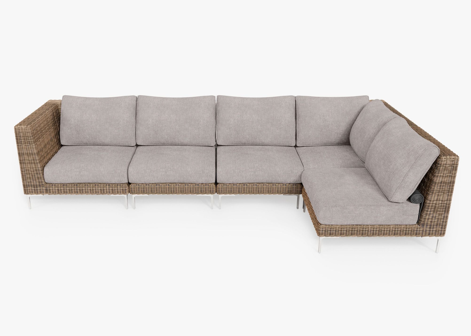 Brown Wicker Outdoor L Sectional - 5 Seat, front. Comfortable, durable, and weather resistant outdoor seating with memory foam. #color_sandstone gray