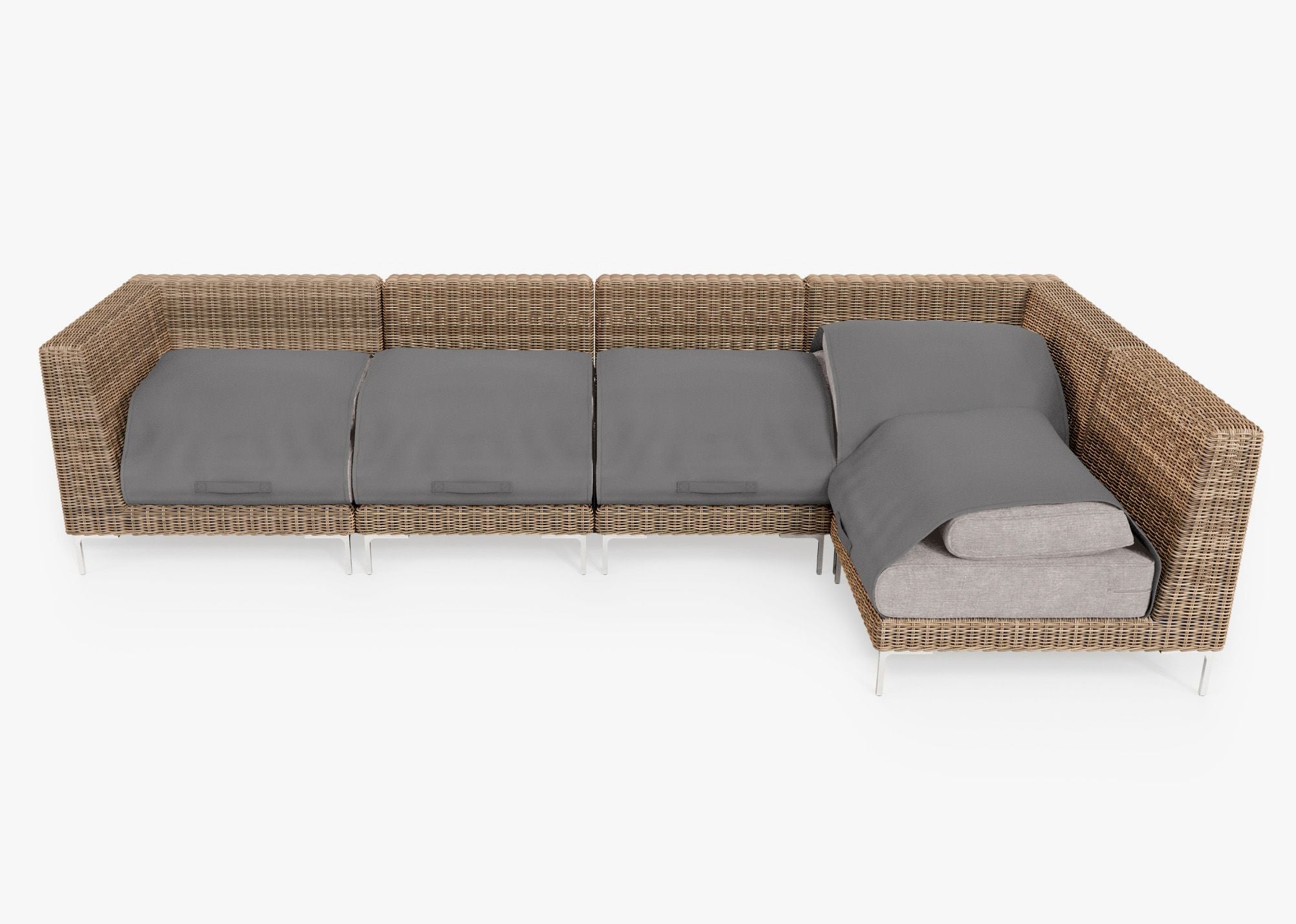 Brown Wicker Outdoor L Sectional - 5 Seat shown with the OuterShell outdoor cushion cover, offering exclusive integrated protection. #color_sandstone gray