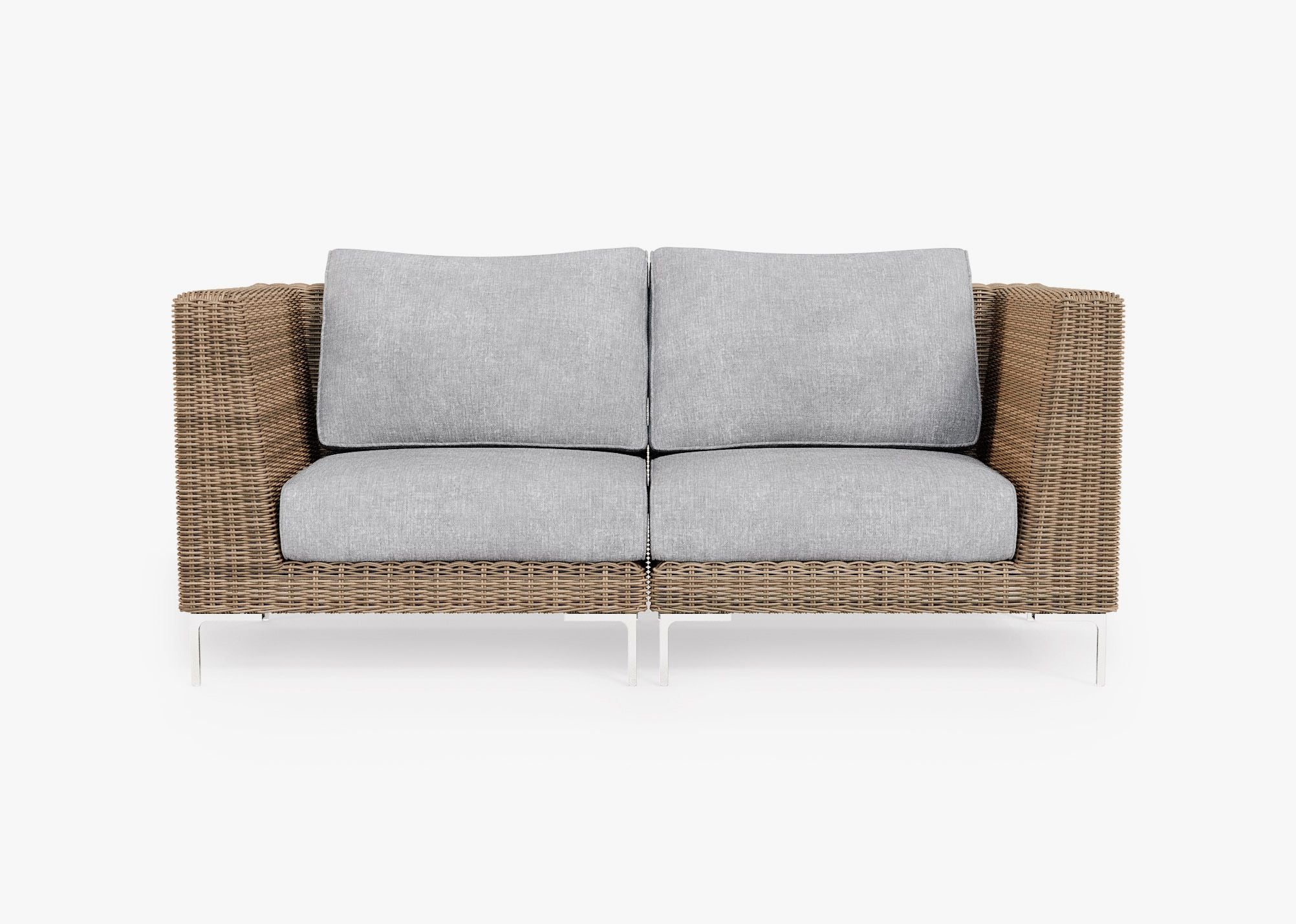 Brown Wicker Outdoor Loveseat, front. Comfortable, durable, and weather resistant outdoor seating with memory foam. #color_pacific fog gray