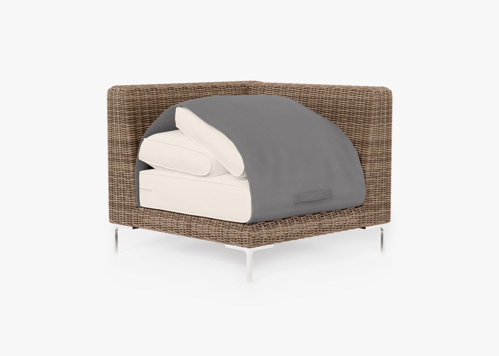 Brown Wicker Outdoor Sectional Chair shown with the OuterShell outdoor cushion cover, offering exclusive integrated protection. #color_palisades cream