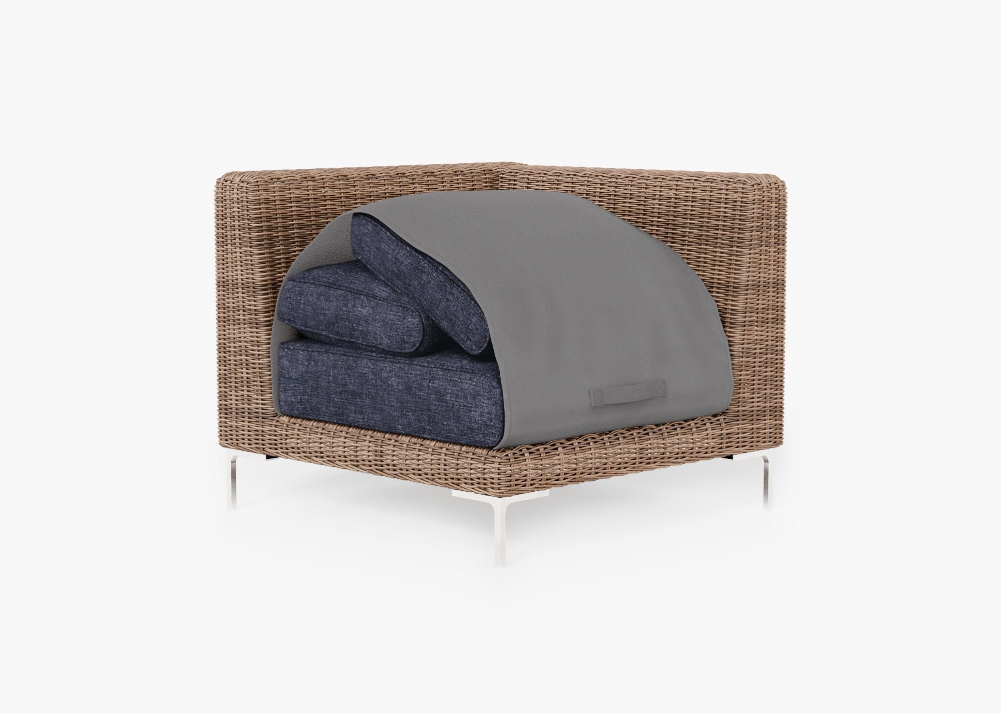 Brown Wicker Outdoor Sectional Chair shown with the OuterShell outdoor cushion cover, offering exclusive integrated protection. #color_deep sea navy