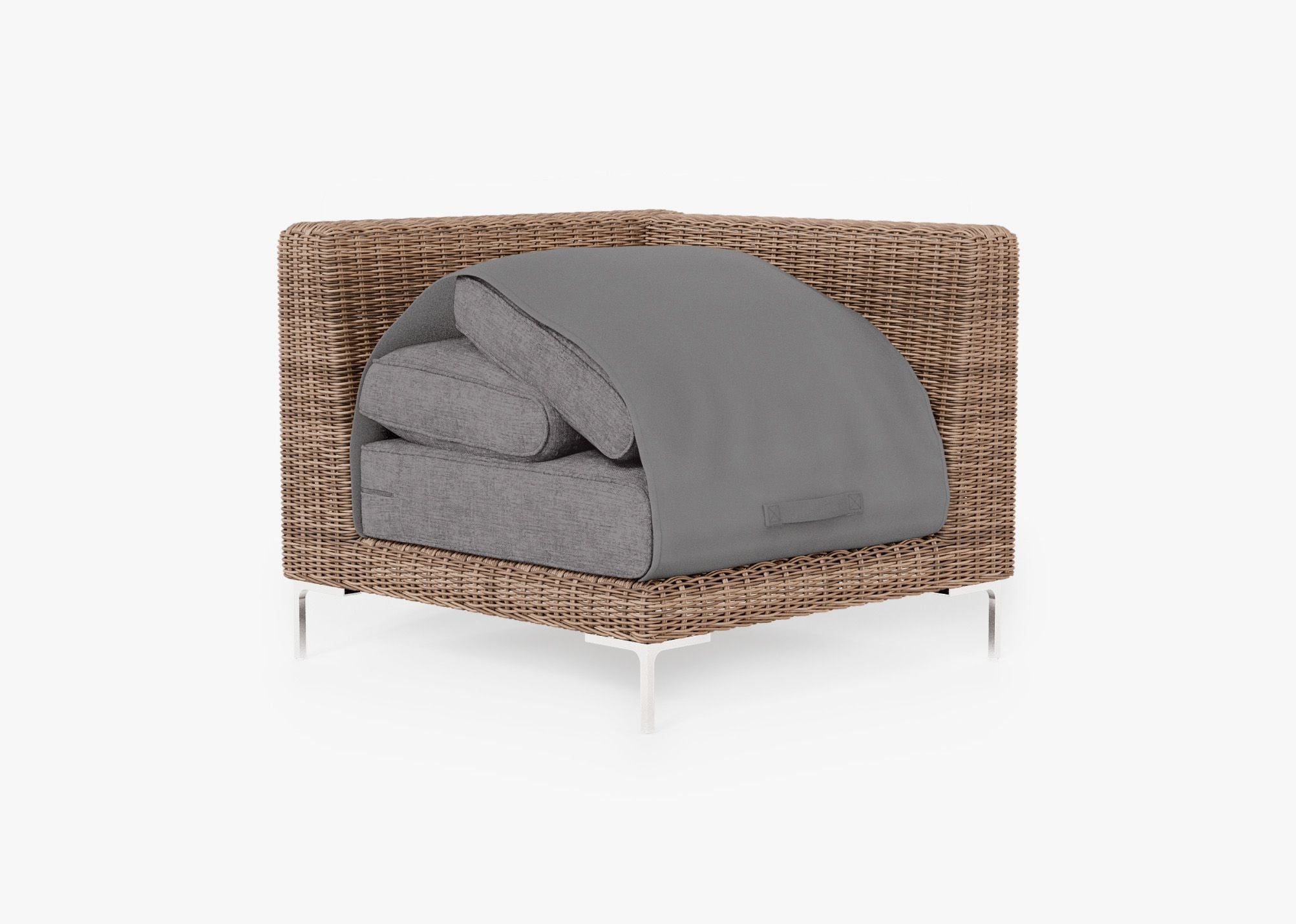 Brown Wicker Outdoor Sectional Chair shown with the OuterShell outdoor cushion cover, offering exclusive integrated protection. #color_dark pebble gray
