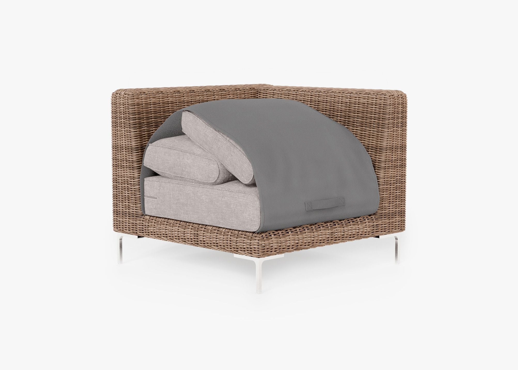Brown Wicker Outdoor Sectional Chair shown with the OuterShell outdoor cushion cover, offering exclusive integrated protection. #color_sandstone gray