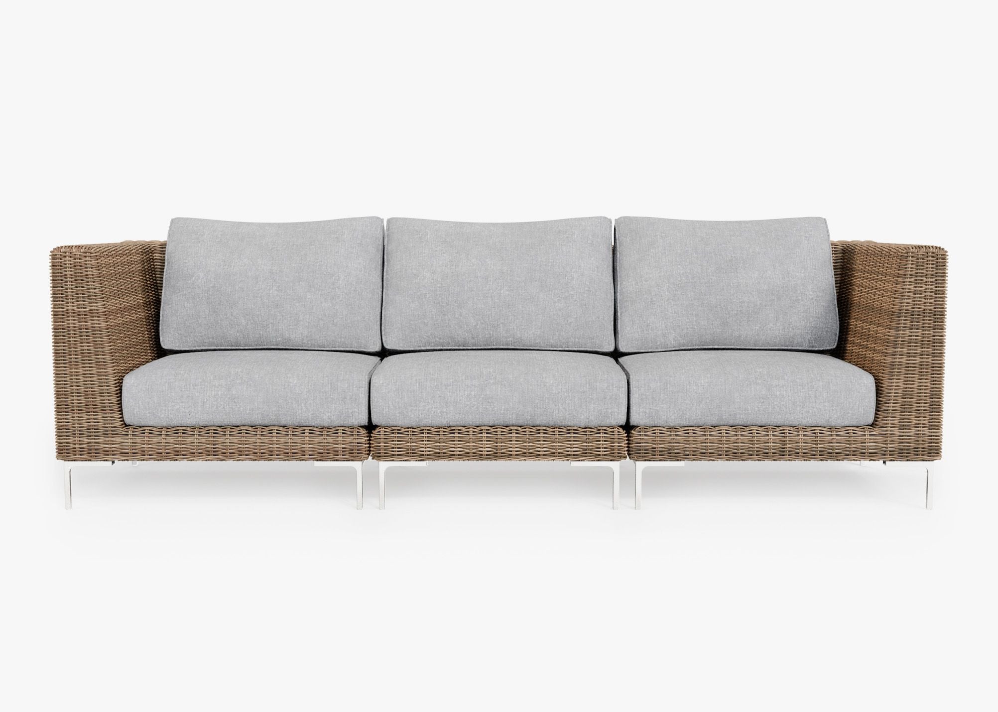 Brown Wicker Outdoor Sofa - 3 Seat, front. Comfortable, durable, and weather resistant outdoor seating with memory foam. #color_pacific fog gray
