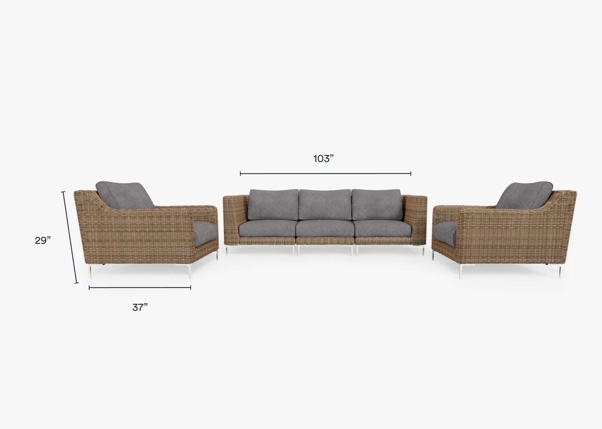 Brown Wicker Outdoor Sofa with Armchairs - 5 Seat dimensions in inches, also listed under Dimensions and Weights. #color_dark pebble gray