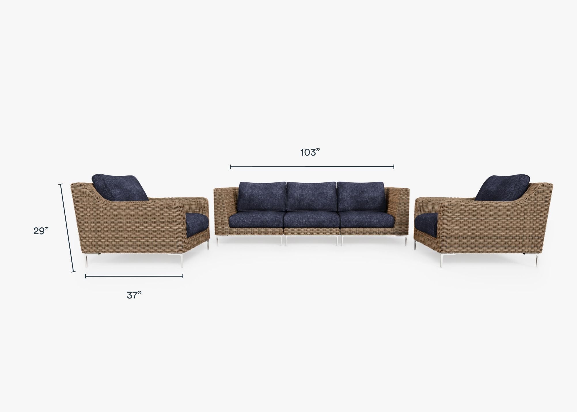 Brown Wicker Outdoor Sofa with Armchairs - 5 Seat dimensions in inches, also listed under Dimensions and Weights. #color_deep sea navy