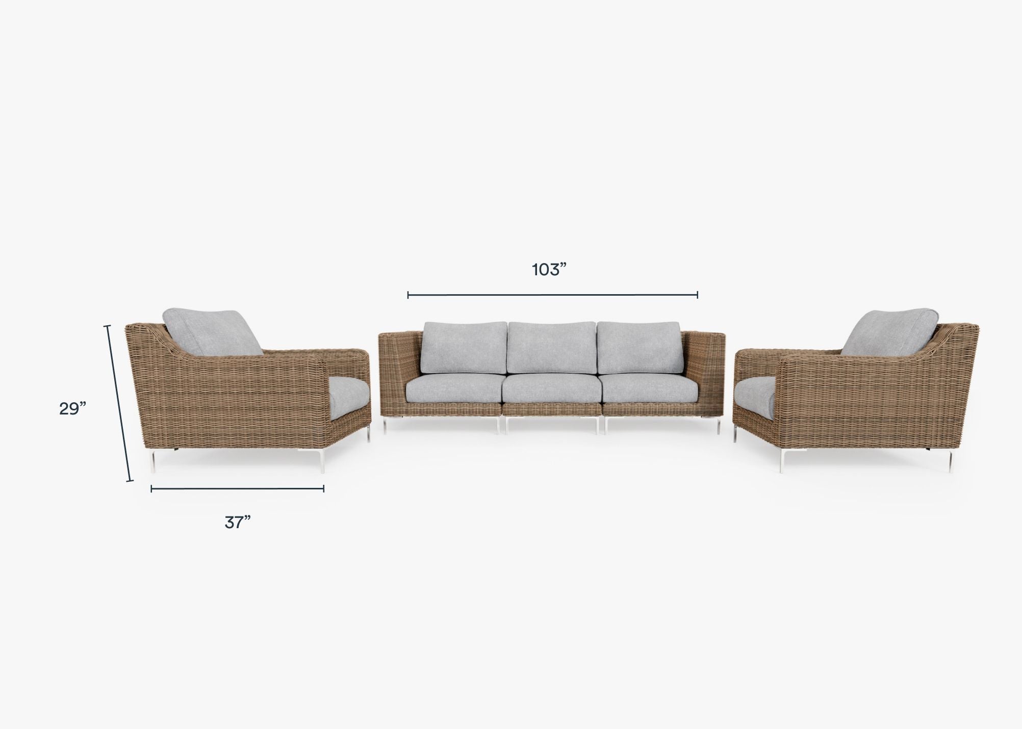 Brown Wicker Outdoor Sofa with Armchairs - 5 Seat dimensions in inches, also listed under Dimensions and Weights. #color_pacific fog gray