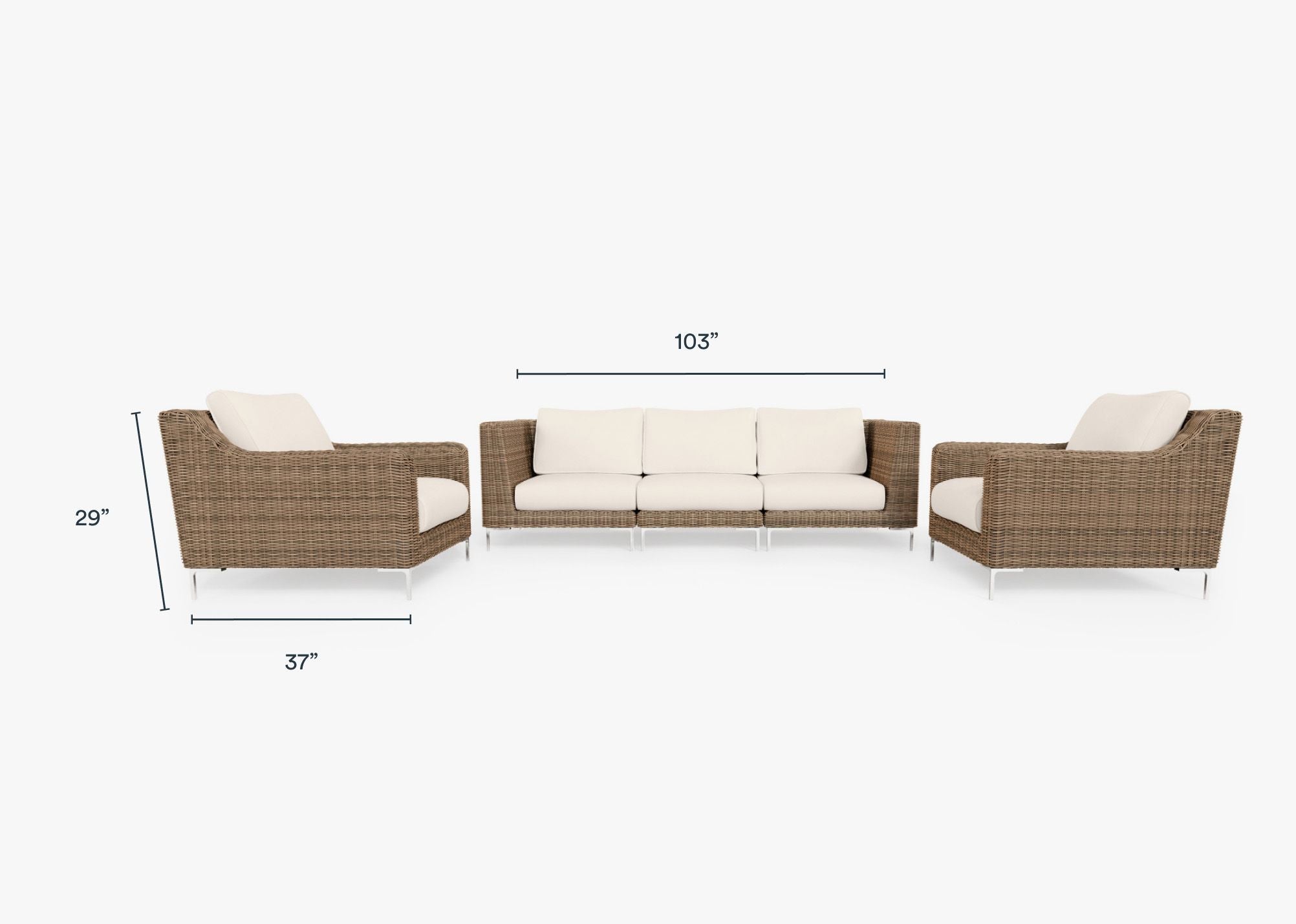 Brown Wicker Outdoor Sofa with Armchairs - 5 Seat dimensions in inches, also listed under Dimensions and Weights. #color_palisades cream