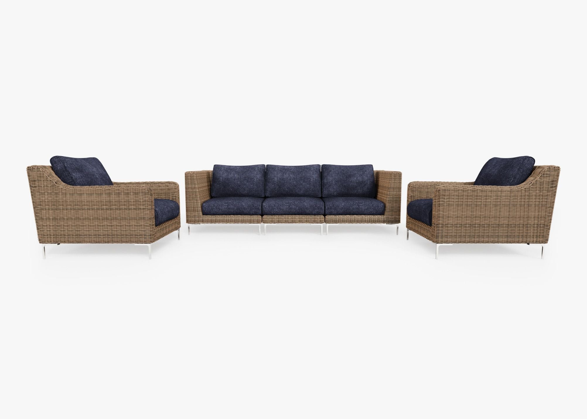 Brown Wicker Outdoor Sofa with Armchairs - 5 Seat, front. Comfortable, durable, and weather resistant outdoor seating with memory foam. #color_deep sea navy