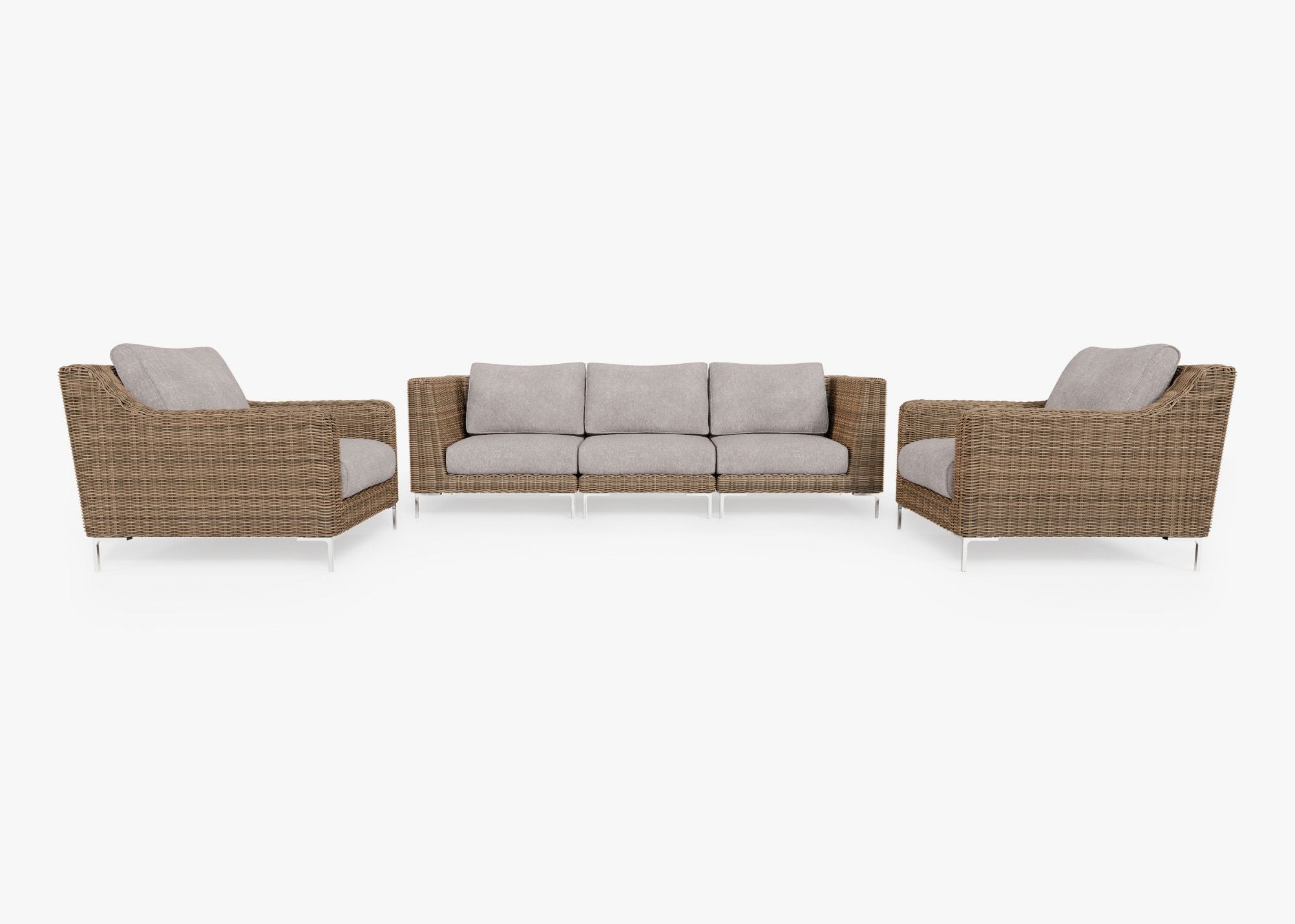 Brown Wicker Outdoor Sofa with Armchairs - 5 Seat, front. Comfortable, durable, and weather resistant outdoor seating with memory foam. #color_sandstone gray