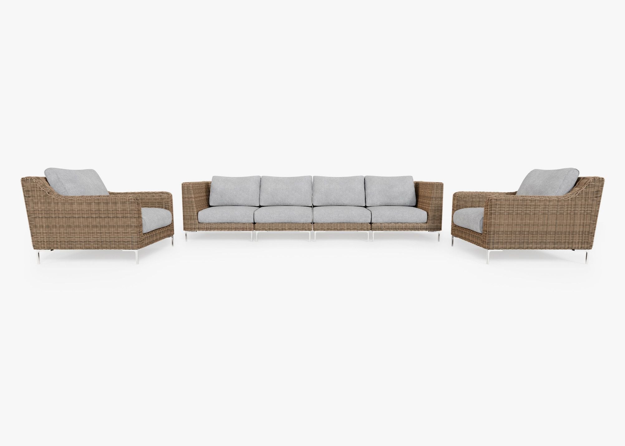 Brown Wicker Outdoor Sofa with Armchairs - 6 Seat, front. Comfortable, durable, and weather resistant outdoor seating with memory foam. #color_pacific fog gray