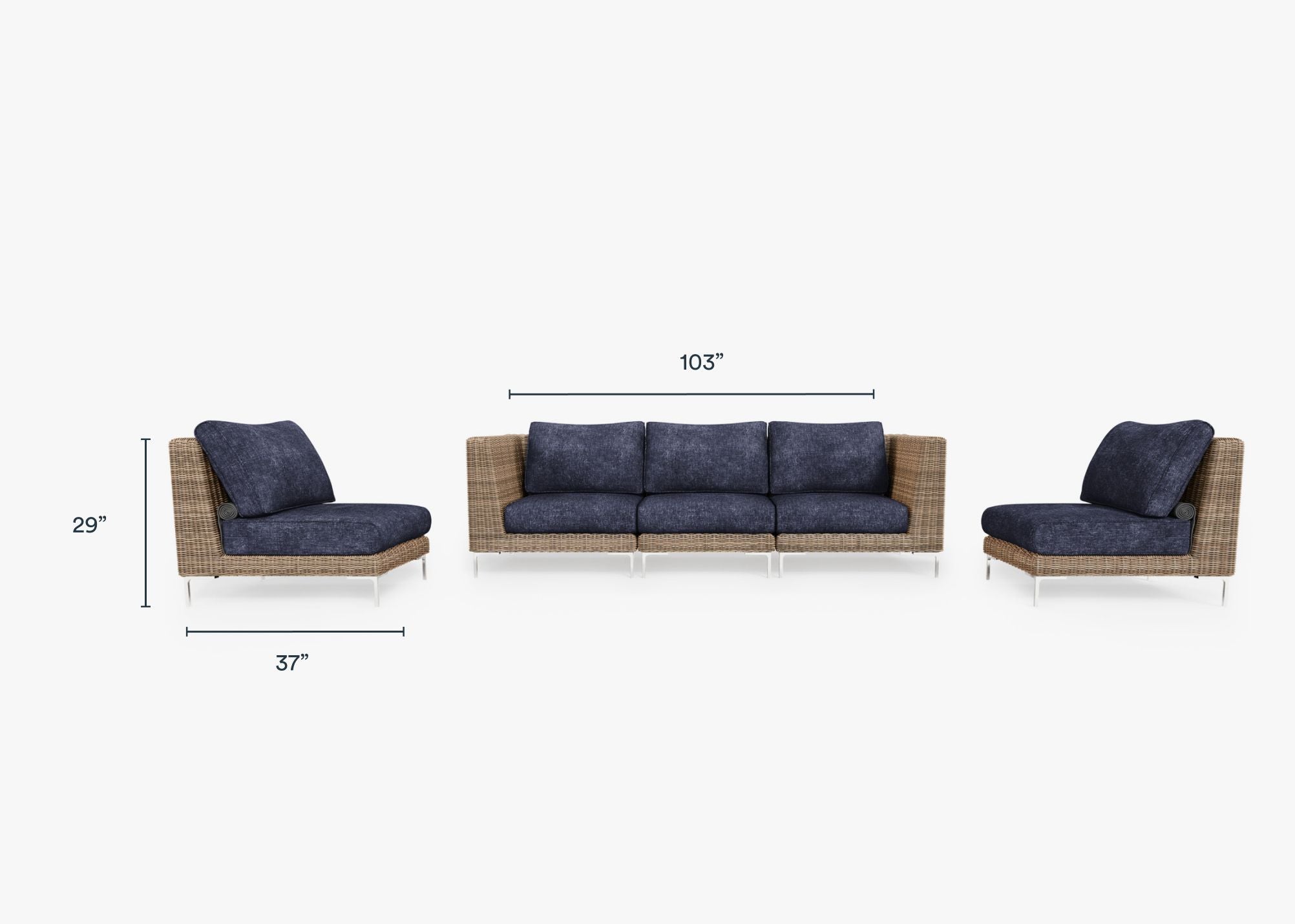 Brown Wicker Outdoor Sofa with Armless Chairs - 5 Seat dimensions in inches, also listed under Dimensions and Weights. #color_deep sea navy
