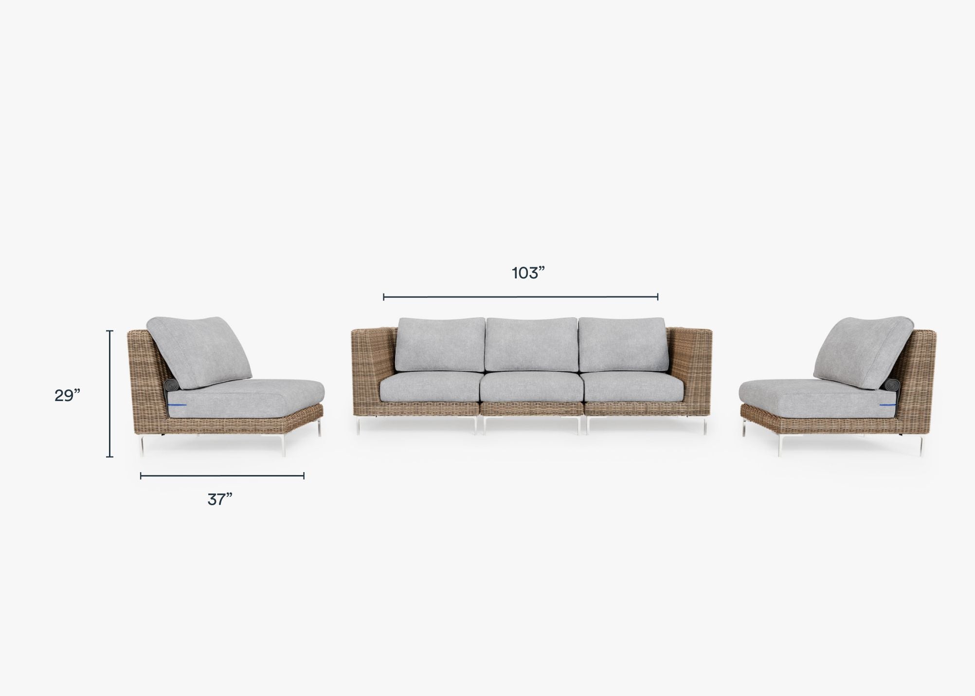 Brown Wicker Outdoor Sofa with Armless Chairs - 5 Seat dimensions in inches, also listed under Dimensions and Weights. #color_pacific fog gray