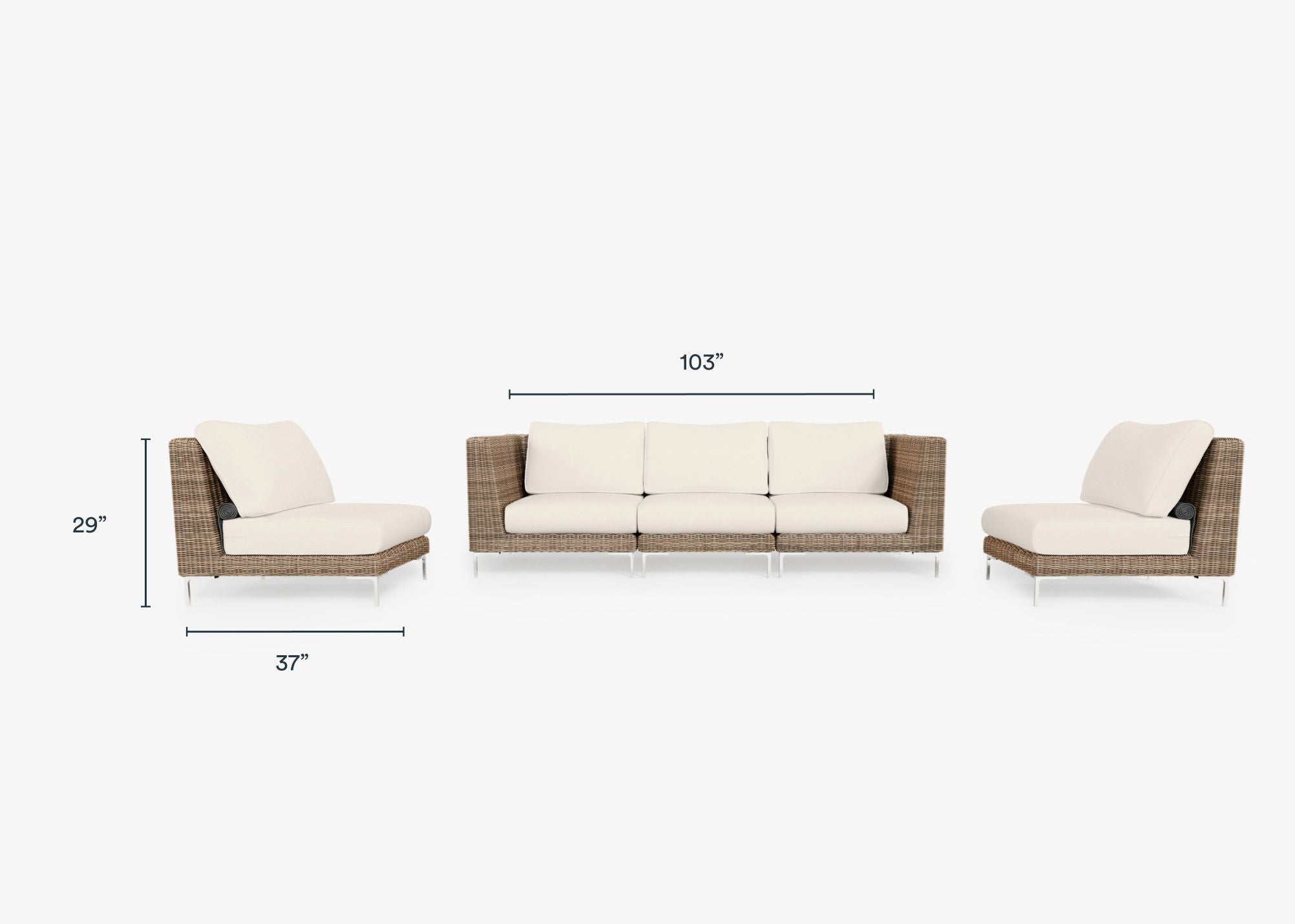 Brown Wicker Outdoor Sofa with Armless Chairs - 5 Seat dimensions in inches, also listed under Dimensions and Weights. #color_palisades cream
