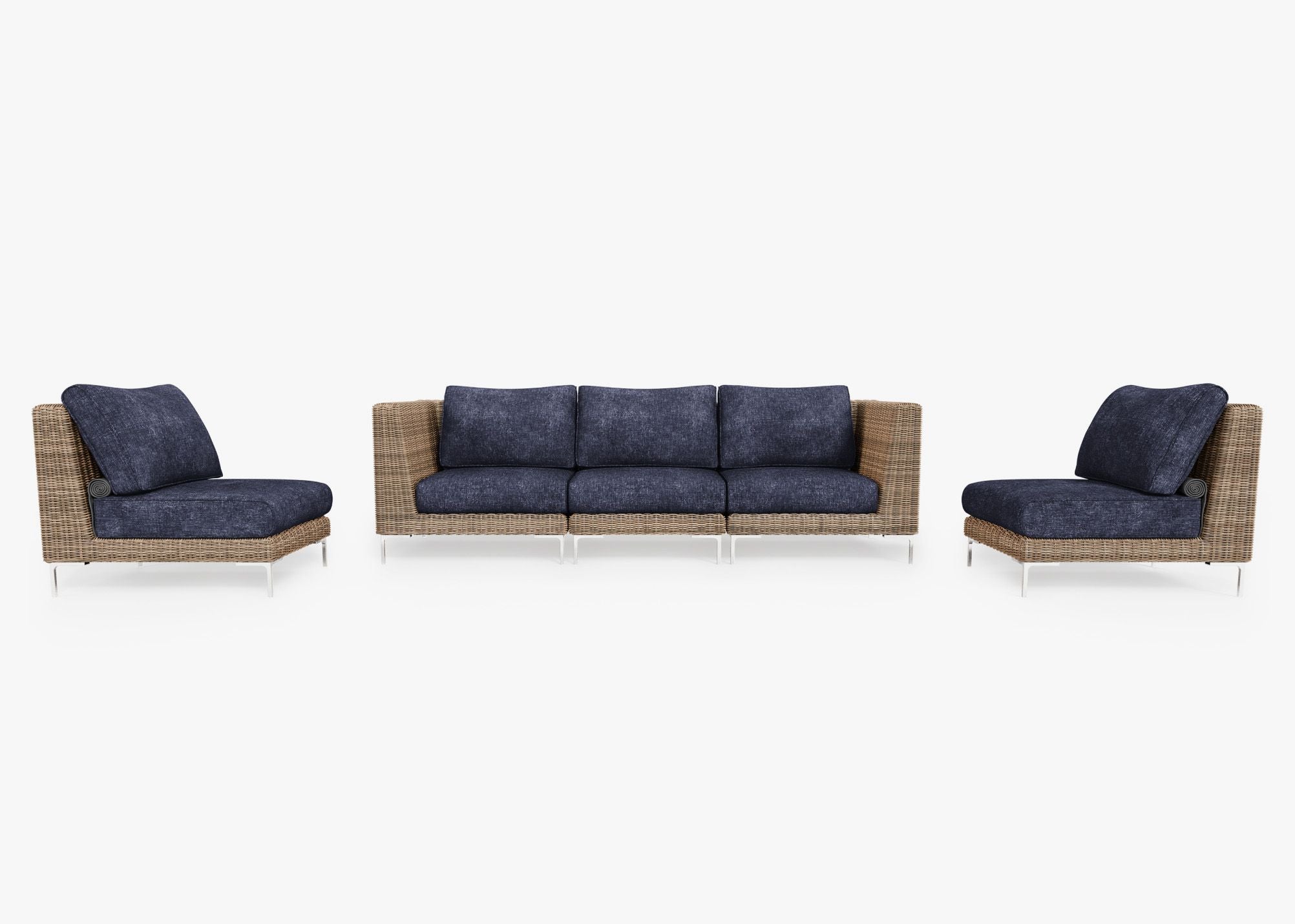 Brown Wicker Outdoor Sofa with Armless Chairs - 5 Seat, front. Comfortable, durable, and weather resistant outdoor seating with memory foam. #color_deep sea navy