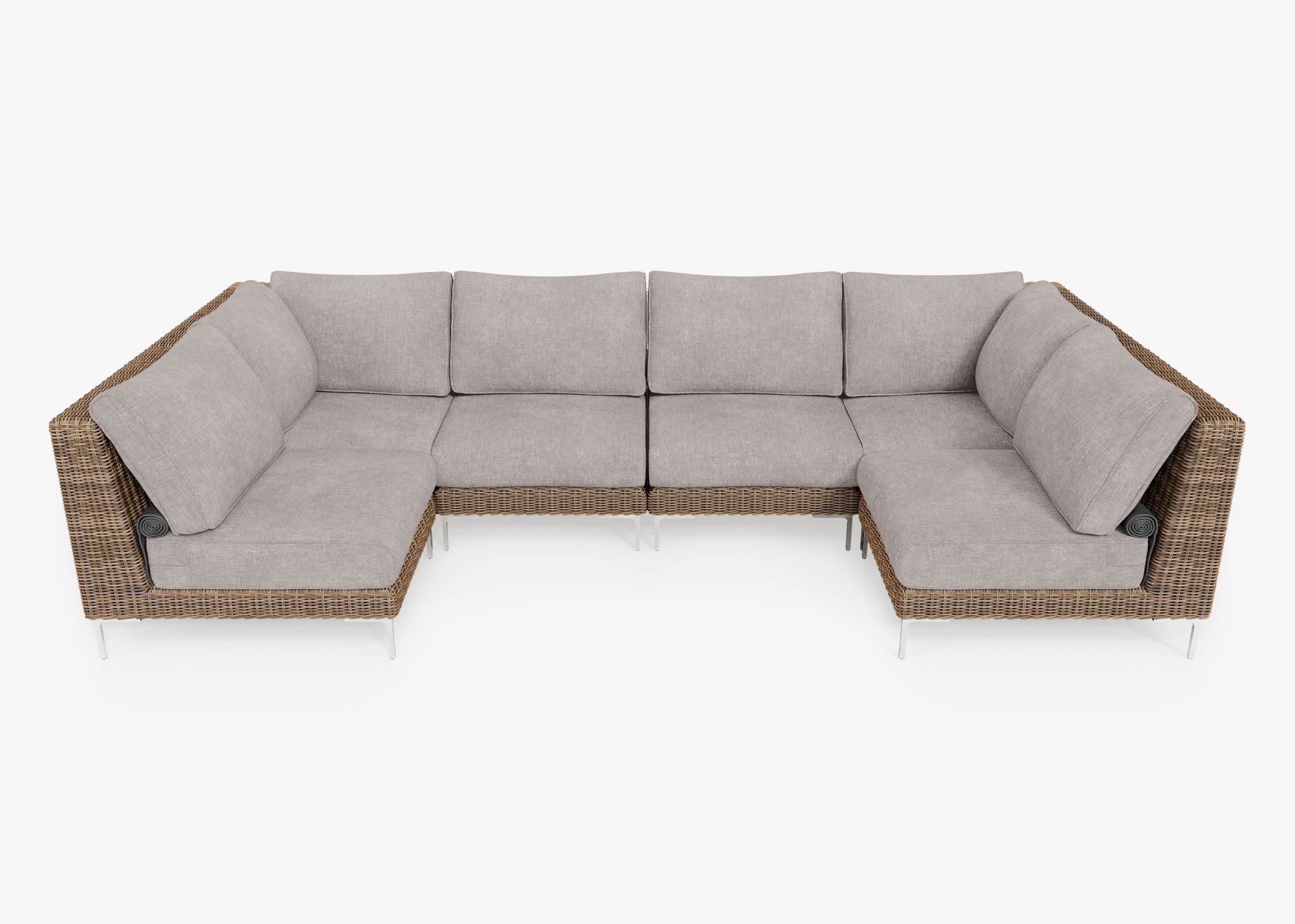 Brown Wicker Outdoor U Sectional - 6 Seat, front. Comfortable, durable, and weather resistant outdoor seating with memory foam. #color_sandstone gray