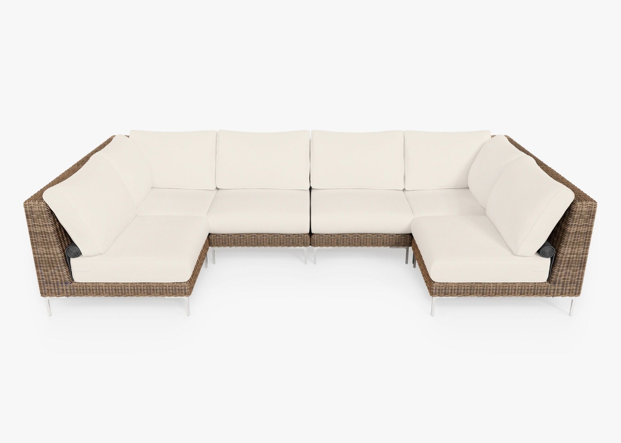 Brown Wicker Outdoor U Sectional - 6 Seat, front. Comfortable, durable, and weather resistant outdoor seating with memory foam. #color_palisades cream