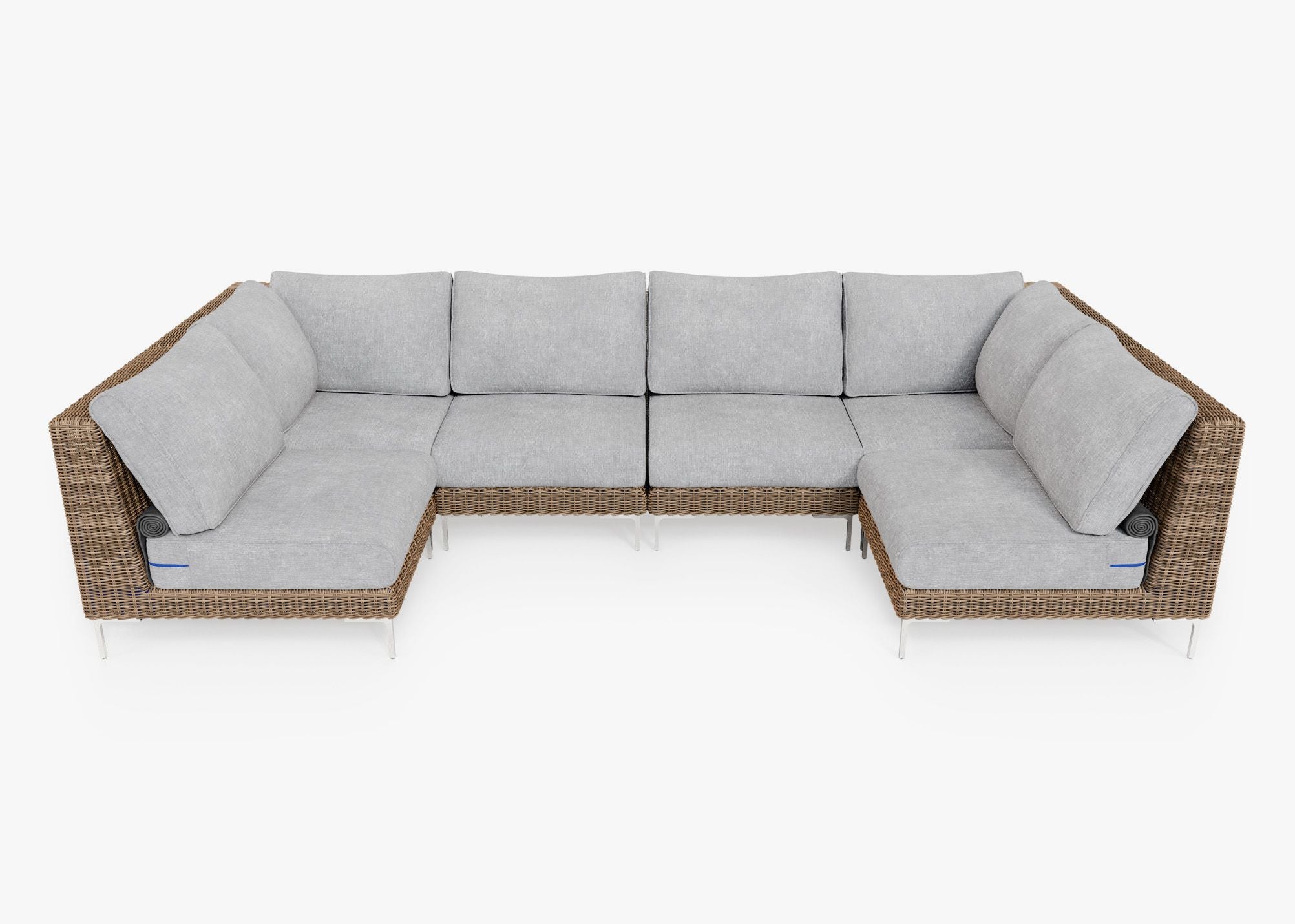Brown Wicker Outdoor U Sectional - 6 Seat, front. Comfortable, durable, and weather resistant outdoor seating with memory foam. #color_pacific fog gray