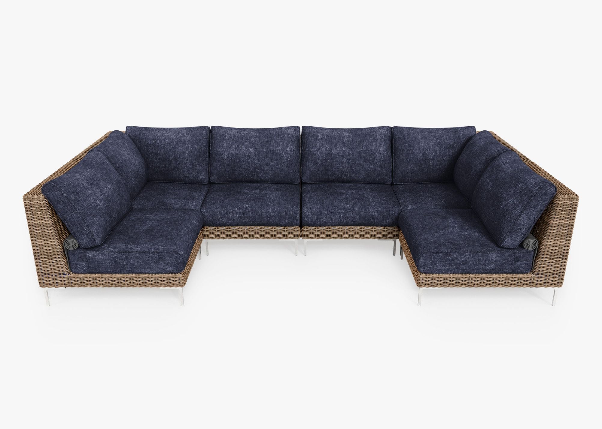 Brown Wicker Outdoor U Sectional - 6 Seat, front. Comfortable, durable, and weather resistant outdoor seating with memory foam. #color_deep sea navy