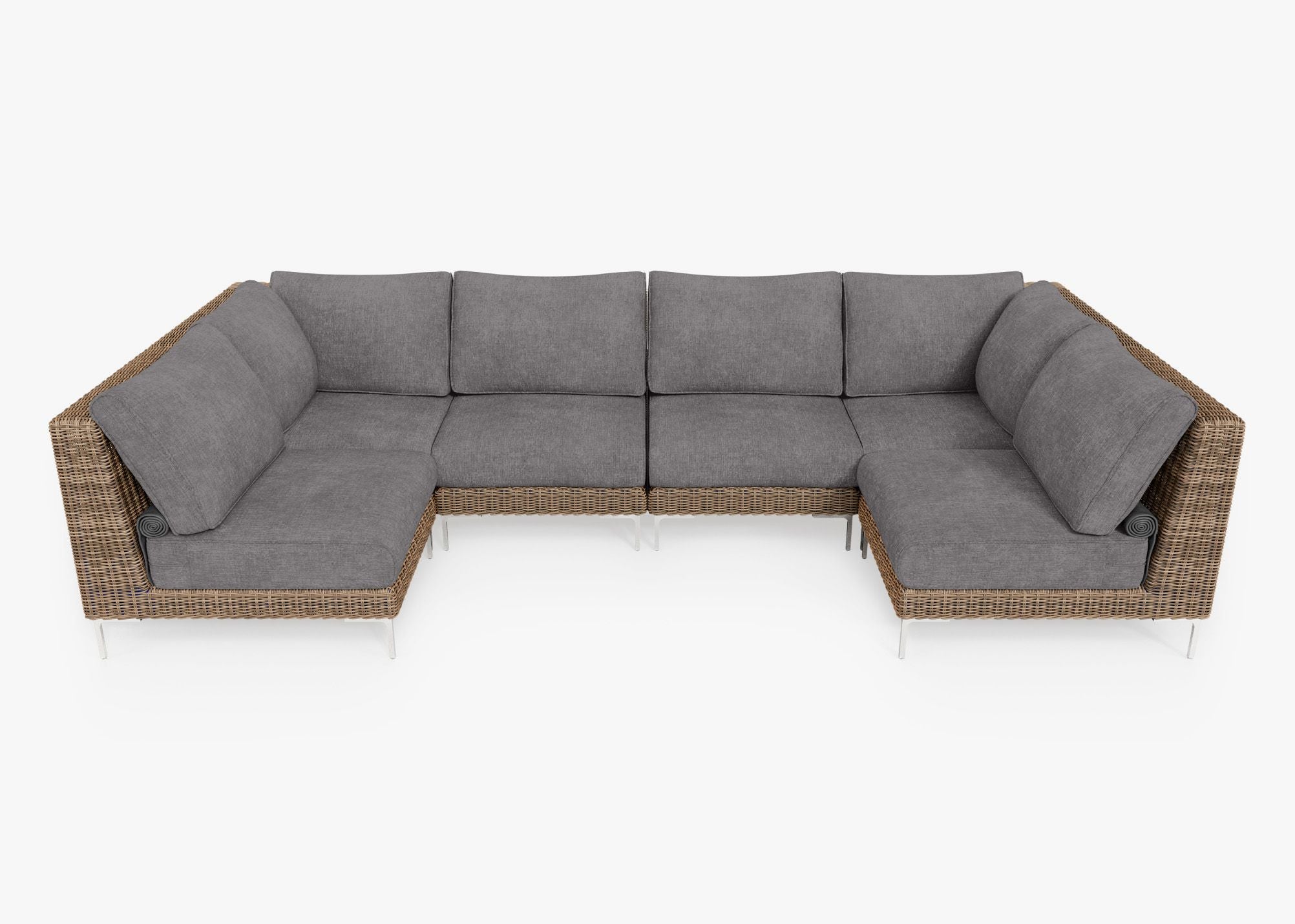 Brown Wicker Outdoor U Sectional - 6 Seat, front. Comfortable, durable, and weather resistant outdoor seating with memory foam. #color_dark pebble gray