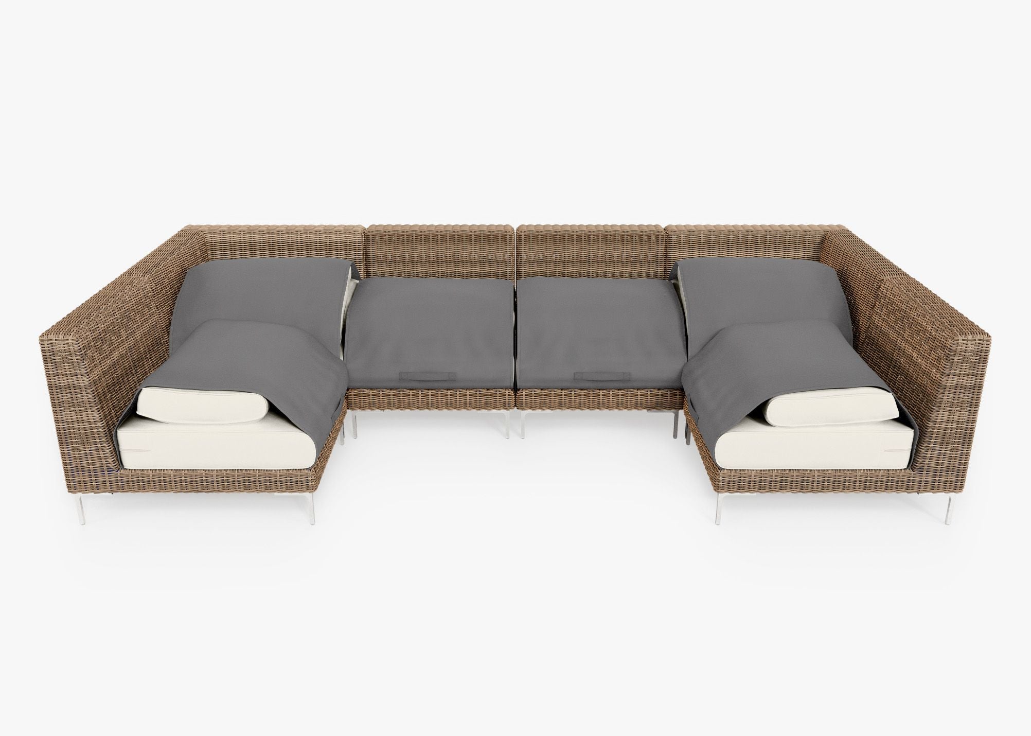 Brown Wicker Outdoor U Sectional - 6 Seat shown with the OuterShell outdoor cushion cover, offering exclusive integrated protection. #color_palisades cream
