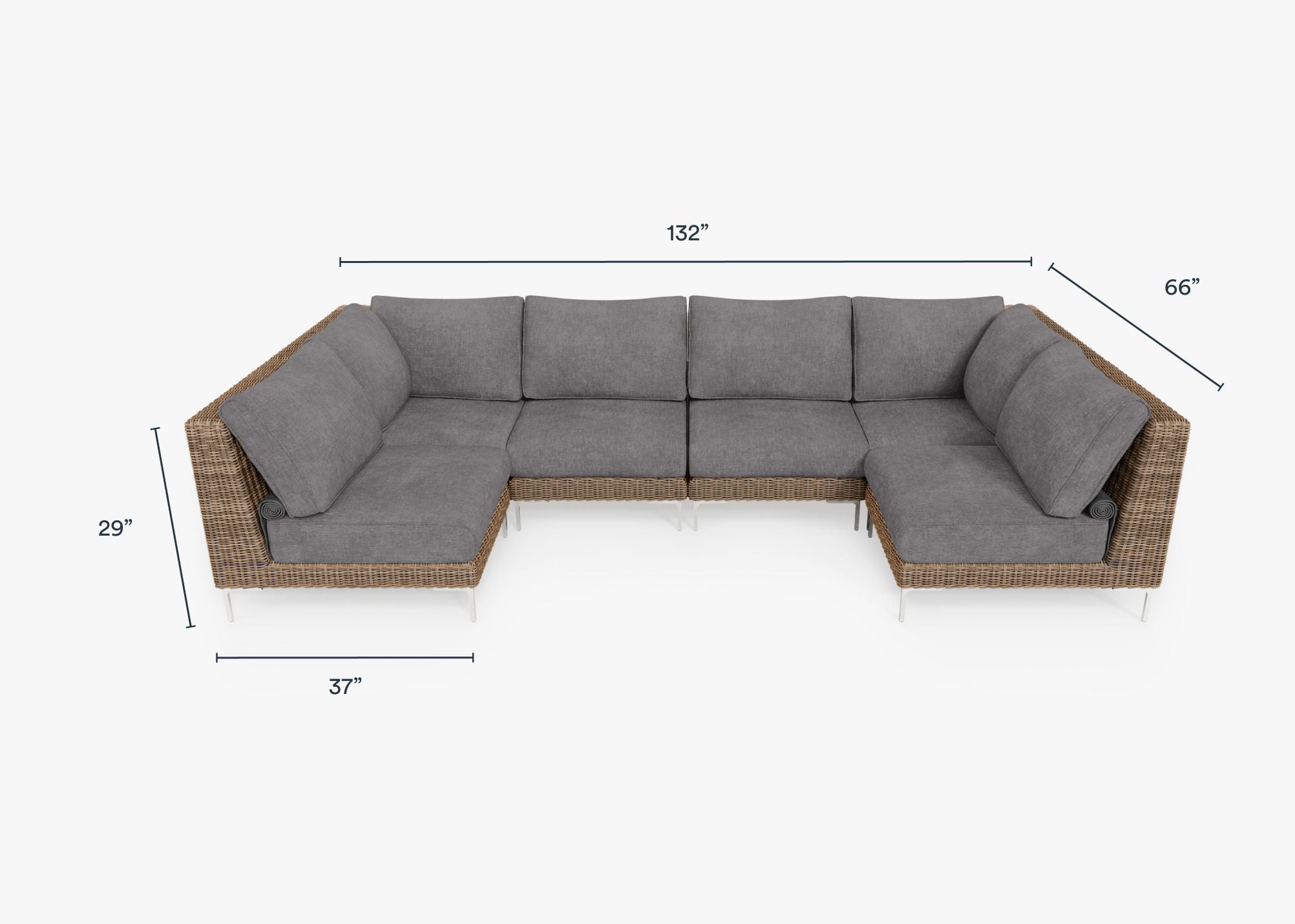 Brown Wicker Outdoor U Sectional - 6 Seat dimensions in inches, also listed under Dimensions and Weights. #color_dark pebble gray