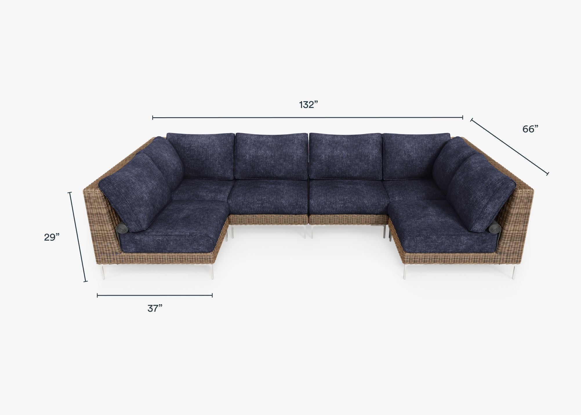 Brown Wicker Outdoor U Sectional - 6 Seat dimensions in inches, also listed under Dimensions and Weights. #color_deep sea navy